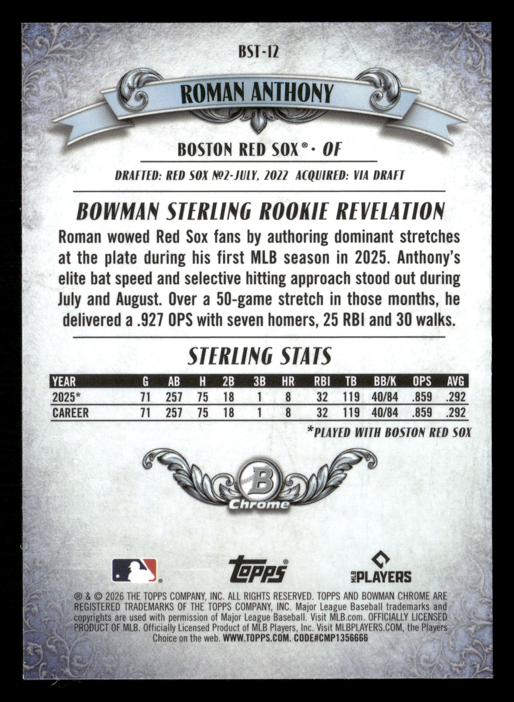 2026 Bowman #BST-12 Roman Anthony Bowman Sterling Mojo Refractors