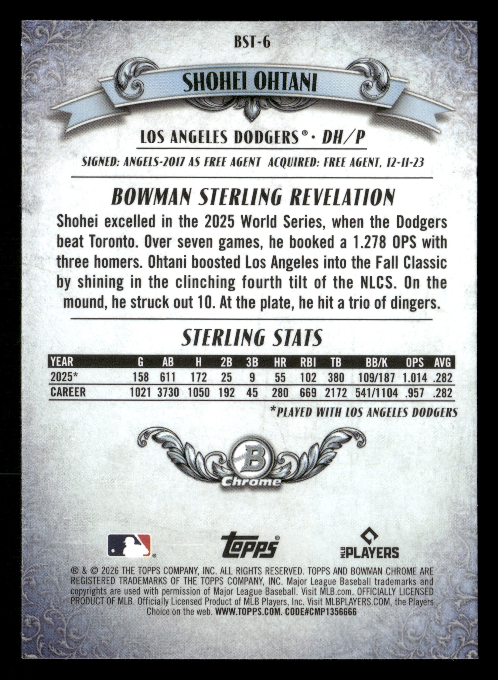 2026 Bowman #BST-6 Shohei Ohtani Bowman Sterling Mojo Refractors