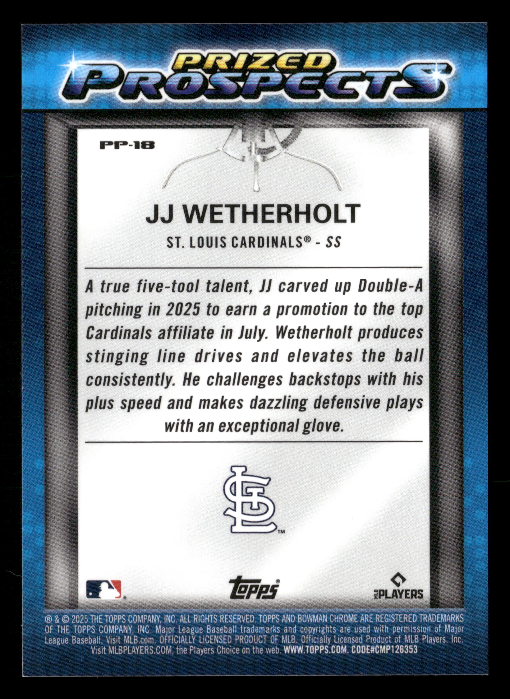2025 Bowman Draft #PP-18 JJ Wetherholt Prized Prospects Gold Mojo Refractor #/50