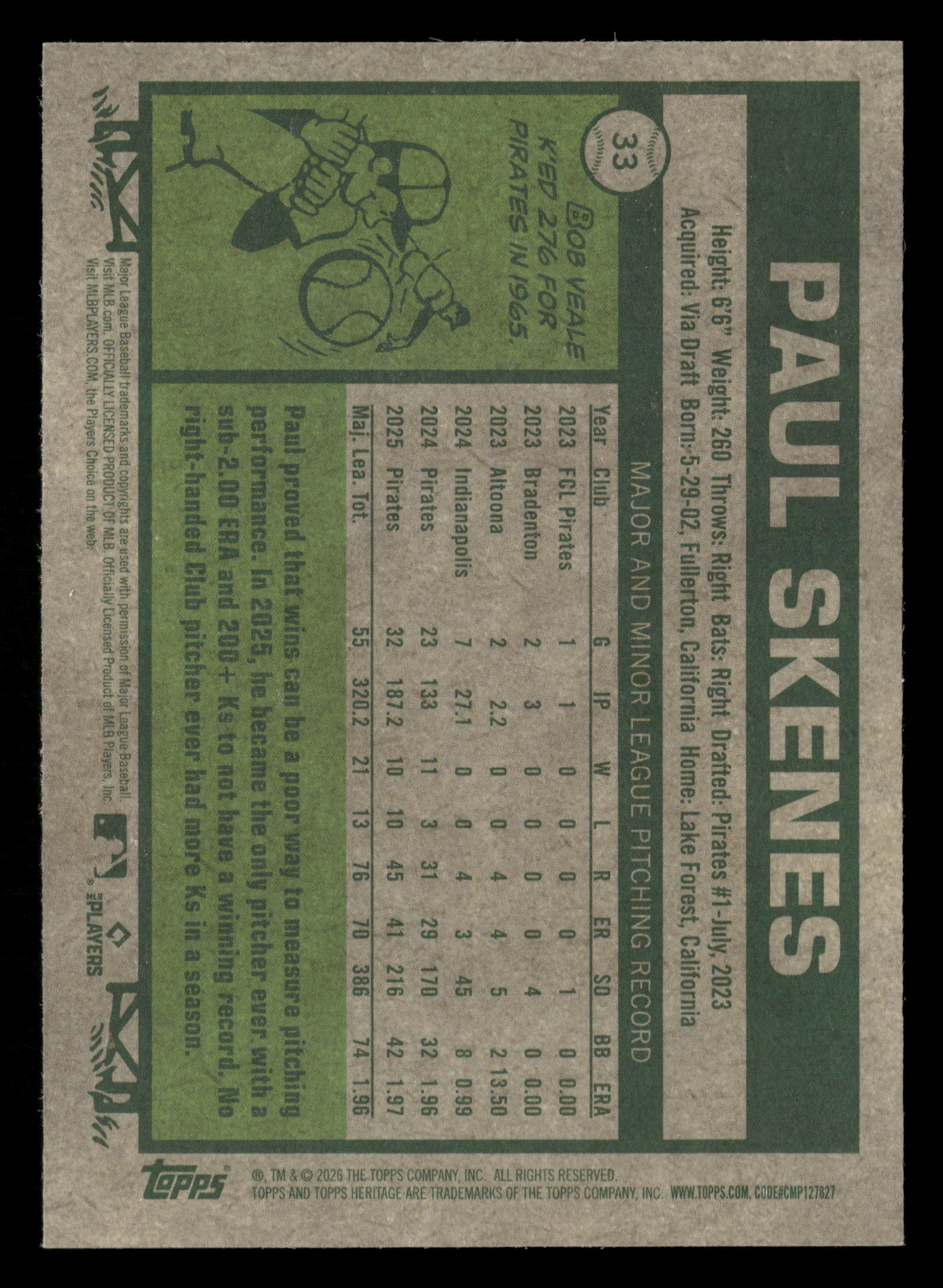 2026 Topps Heritage #33 Paul Skenes Chrome Green Refractors #/99