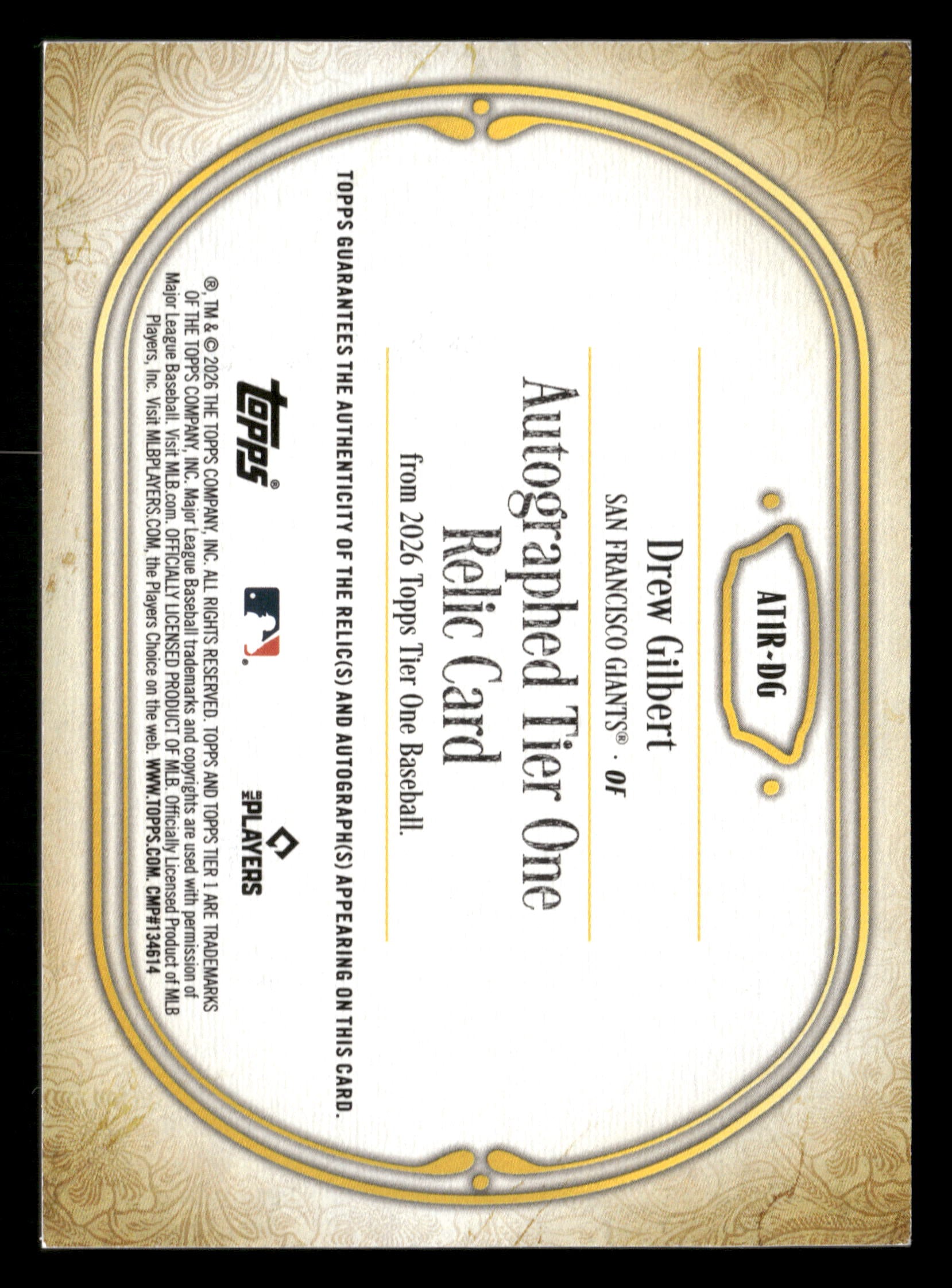 2026 Topps Tier One #AT1R-DG Drew Gilbert Autographed Tier One Relics #/199