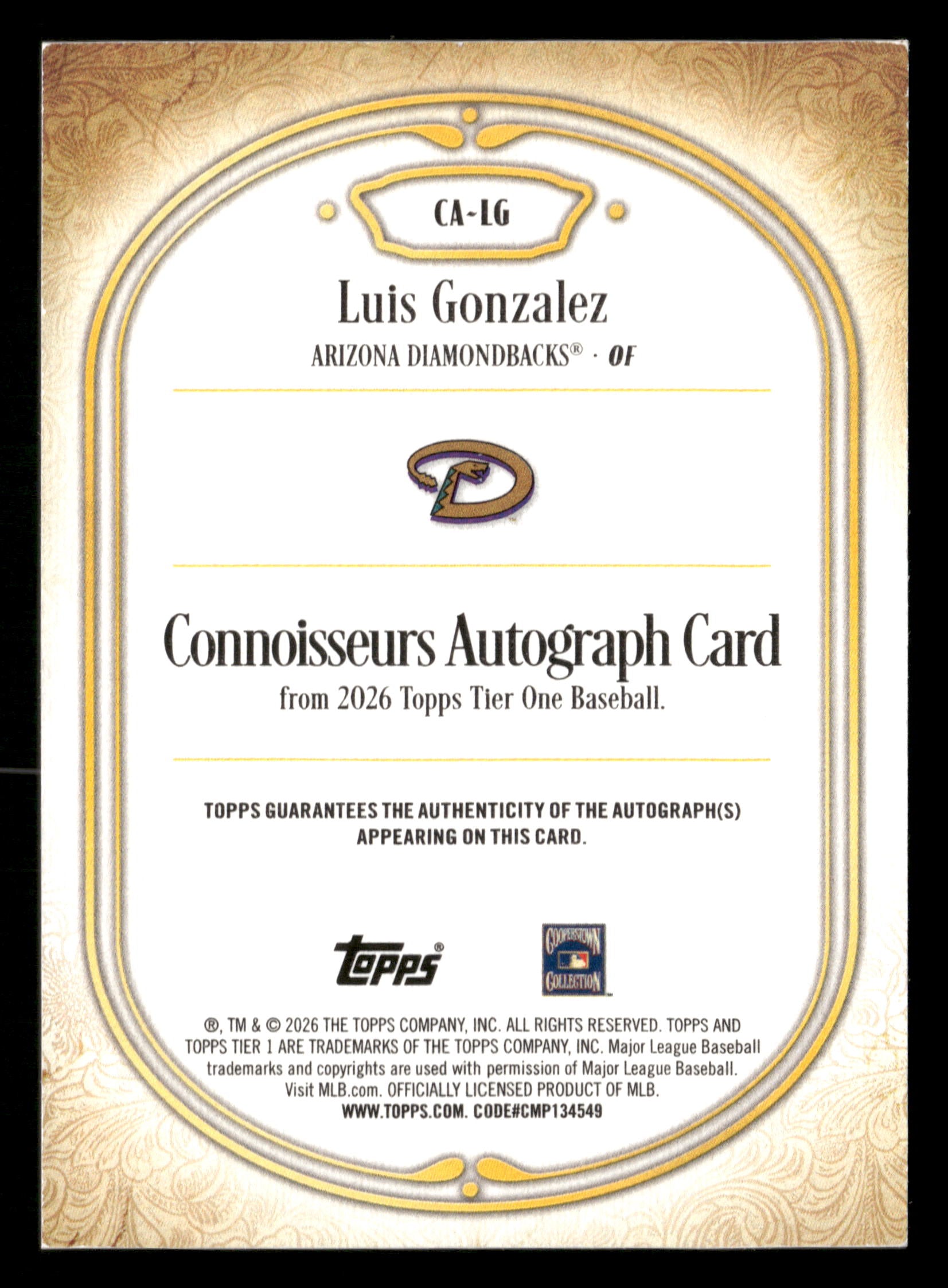 2026 Topps Tier One #CA-LG Luis Gonzalez Connoisseurs Blue #/99