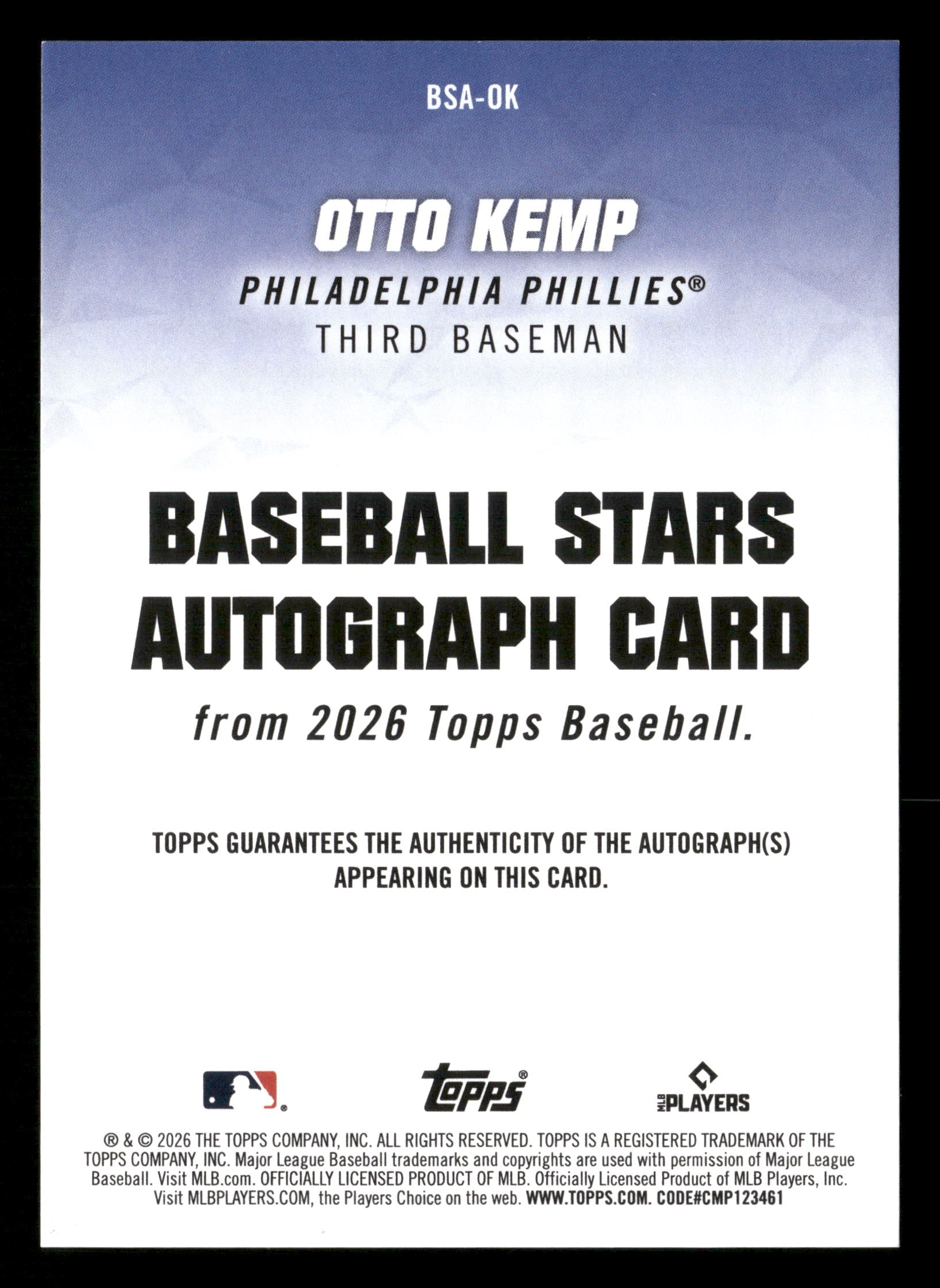2026 Topps #BSA-OK Otto Kemp Baseball Stars Autographs (Series One)