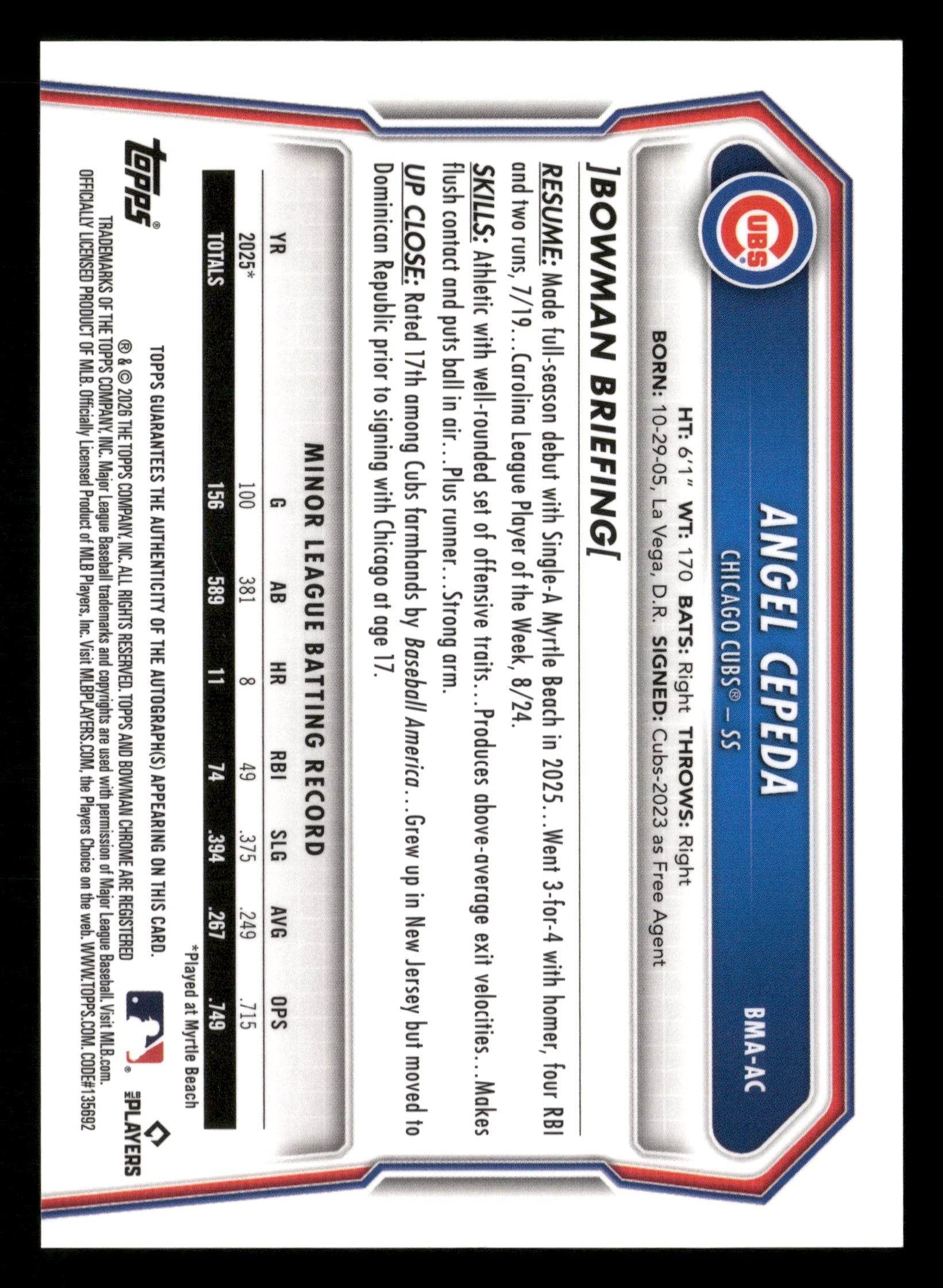 2026 Bowman #BMA-AC Angel Cepeda Chrome Autographs Mojo Green Refractors #/99