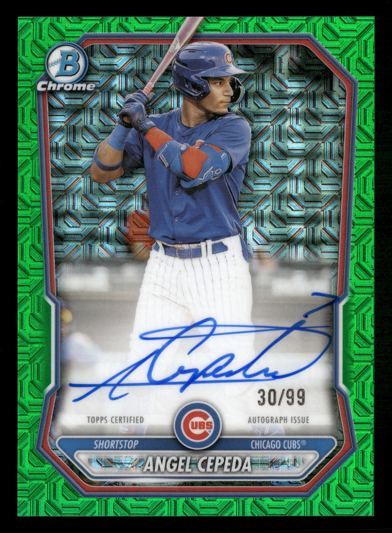 2026 Bowman #BMA-AC Angel Cepeda Chrome Autographs Mojo Green Refractors #/99