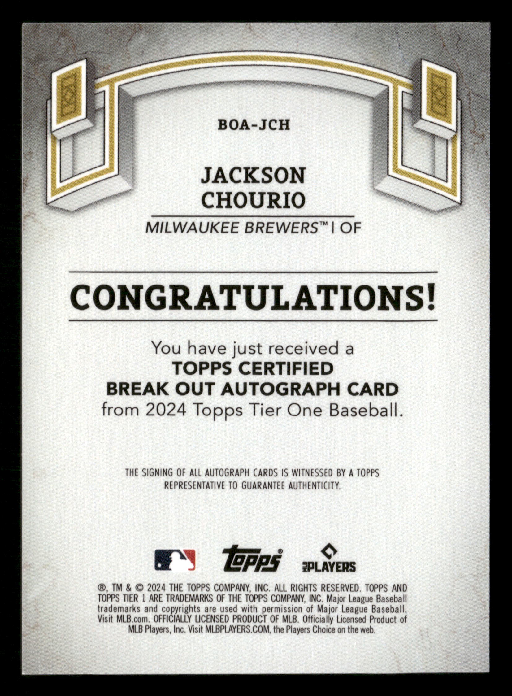 2024 Topps Tier One #BOA-JCH Jackson Chourio Break Out Autographs Blue Foil #/99