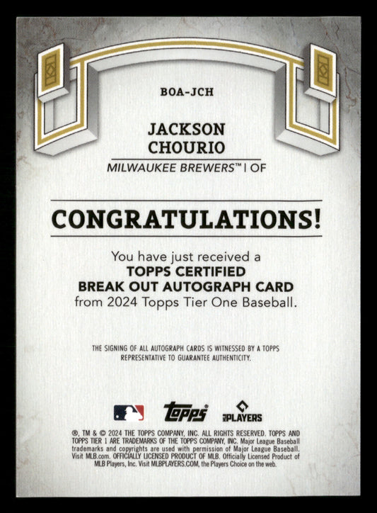 2024 Topps Tier One #BOA-JCH Jackson Chourio Break Out Autographs Blue Foil #/99