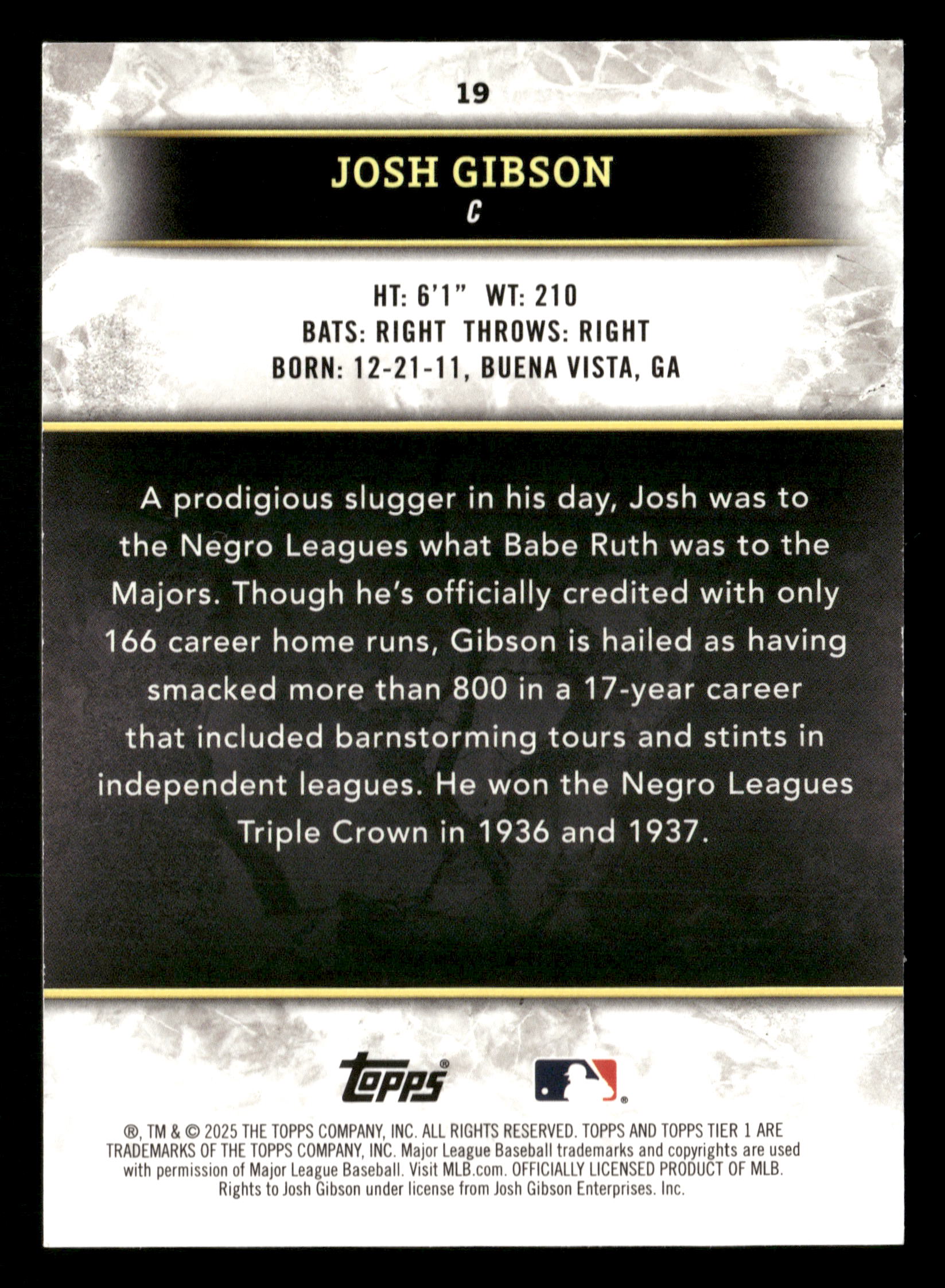 2025 Topps Tier One #19 Josh Gibson Red Foil #/25