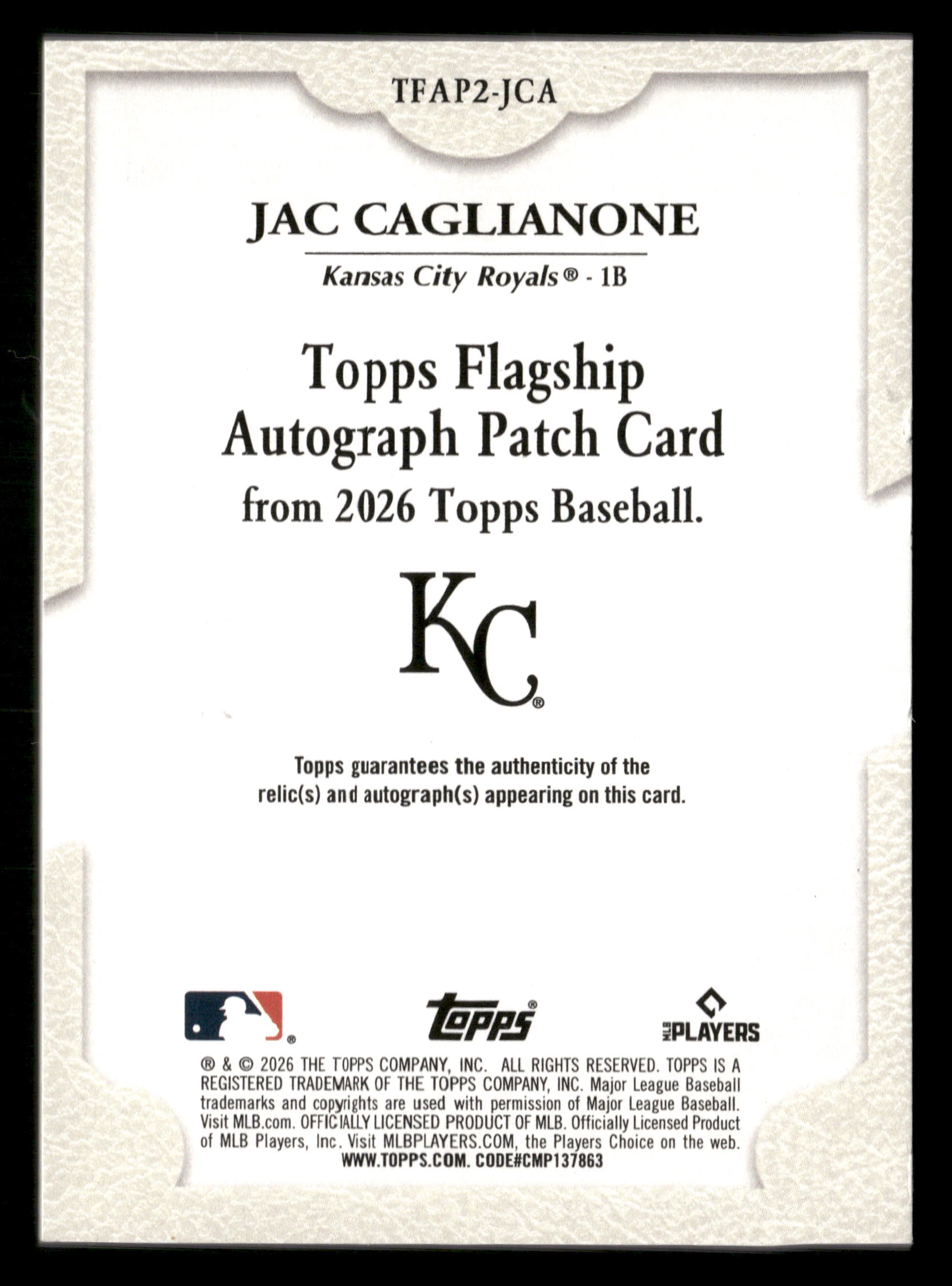 2026 Flagship #TFAP2-JCA Jac Caglianone Autograph Patch (Series Two) #/50