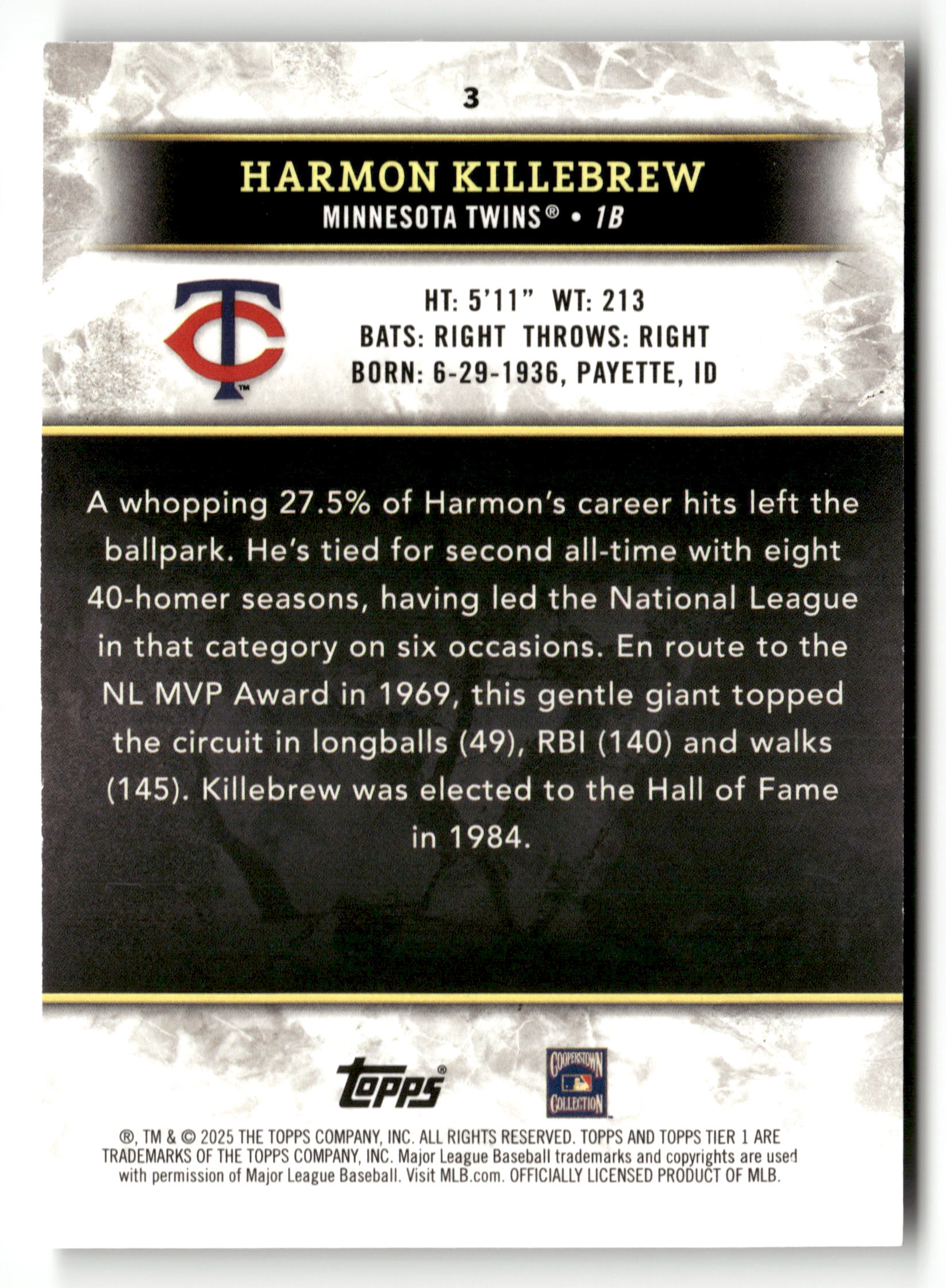 2025 Topps Tier One #3 Harmon Killebrew Blue Foil #/40