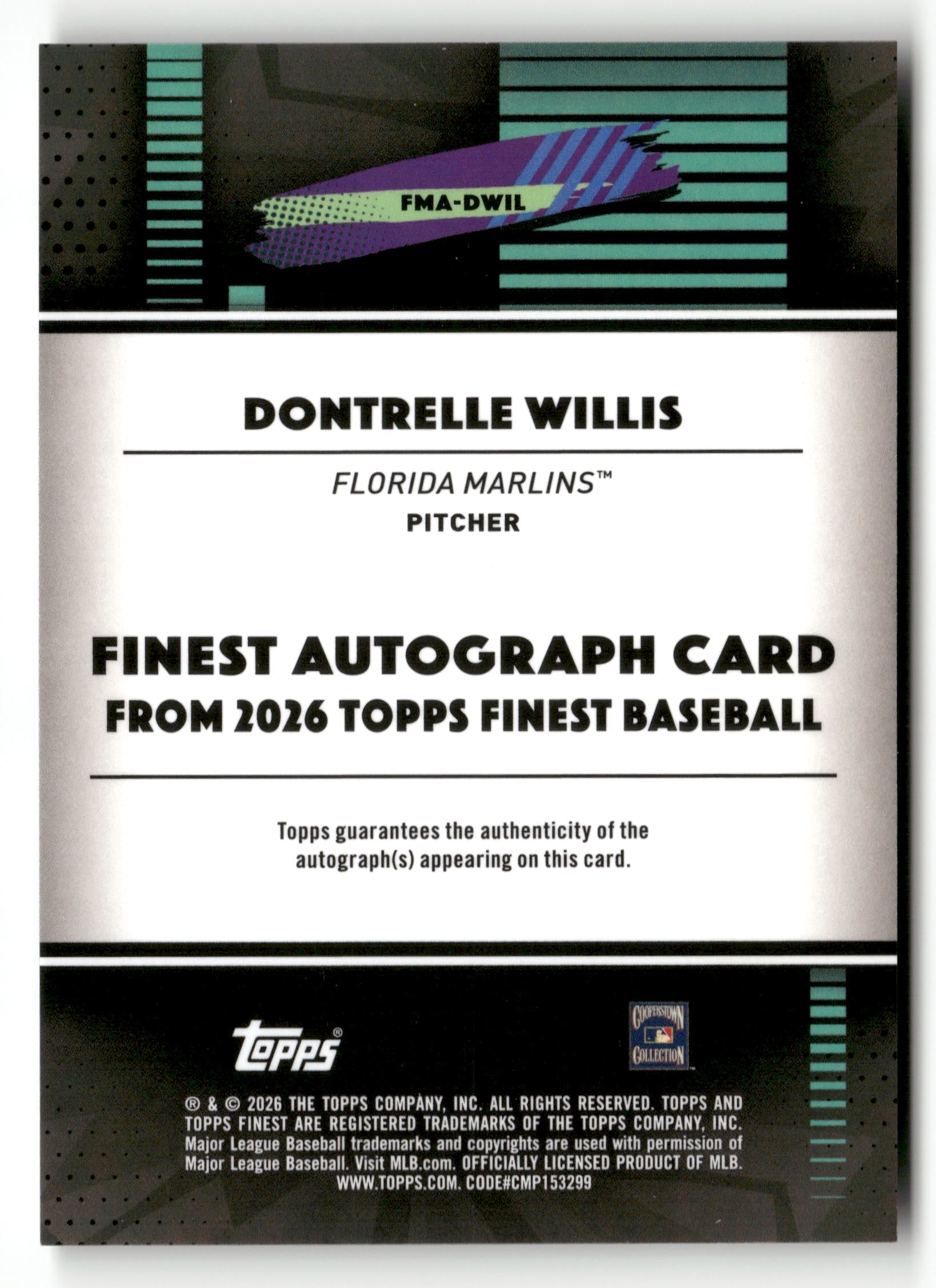2026 Finest #FMA-DWIL Dontrelle Willis Finest Auto Purple Mini Diamond #/75