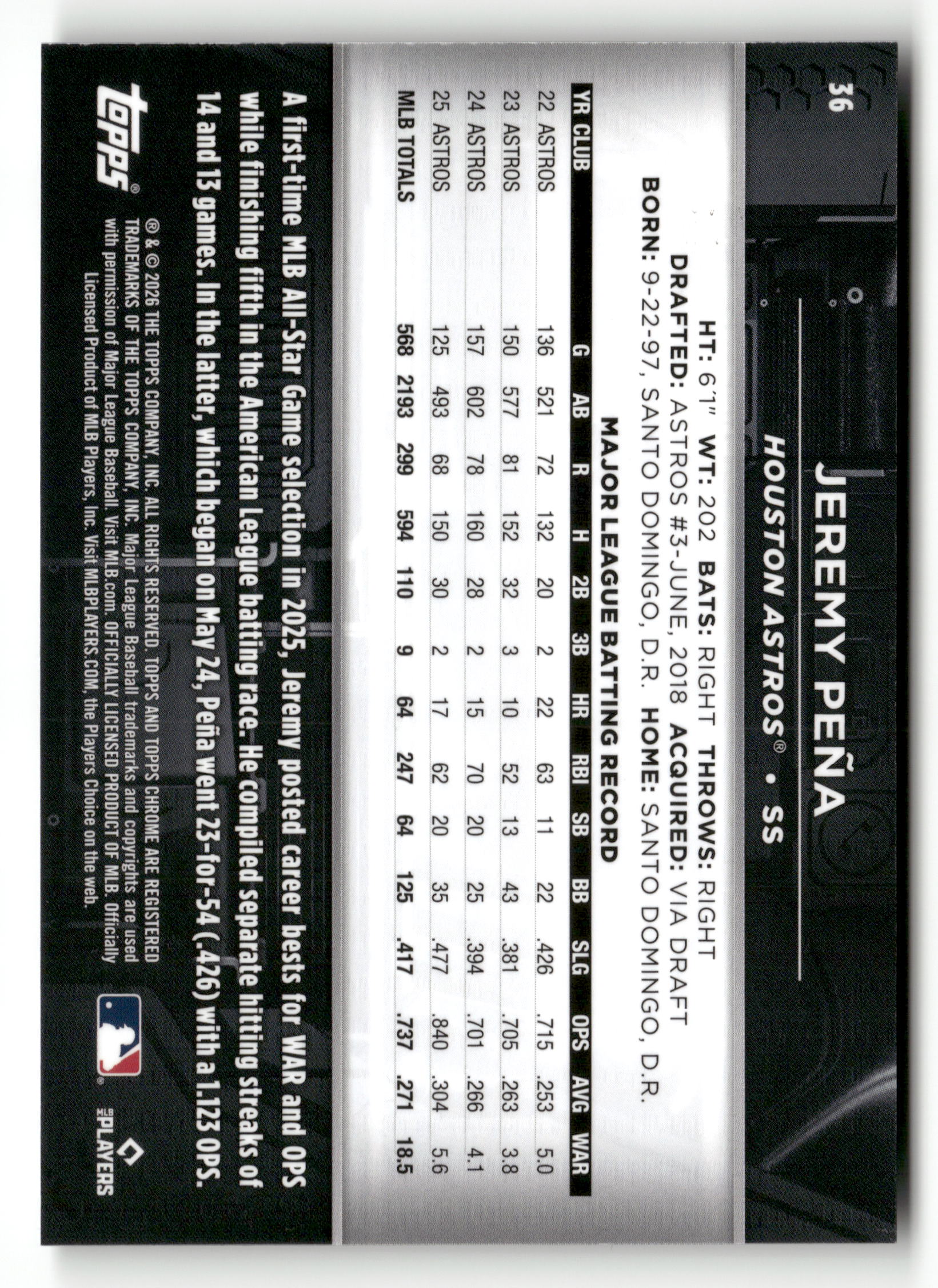2026 Topps Chrome Black #36 Jeremy Peña Rose Gold Wave Refractors #/10