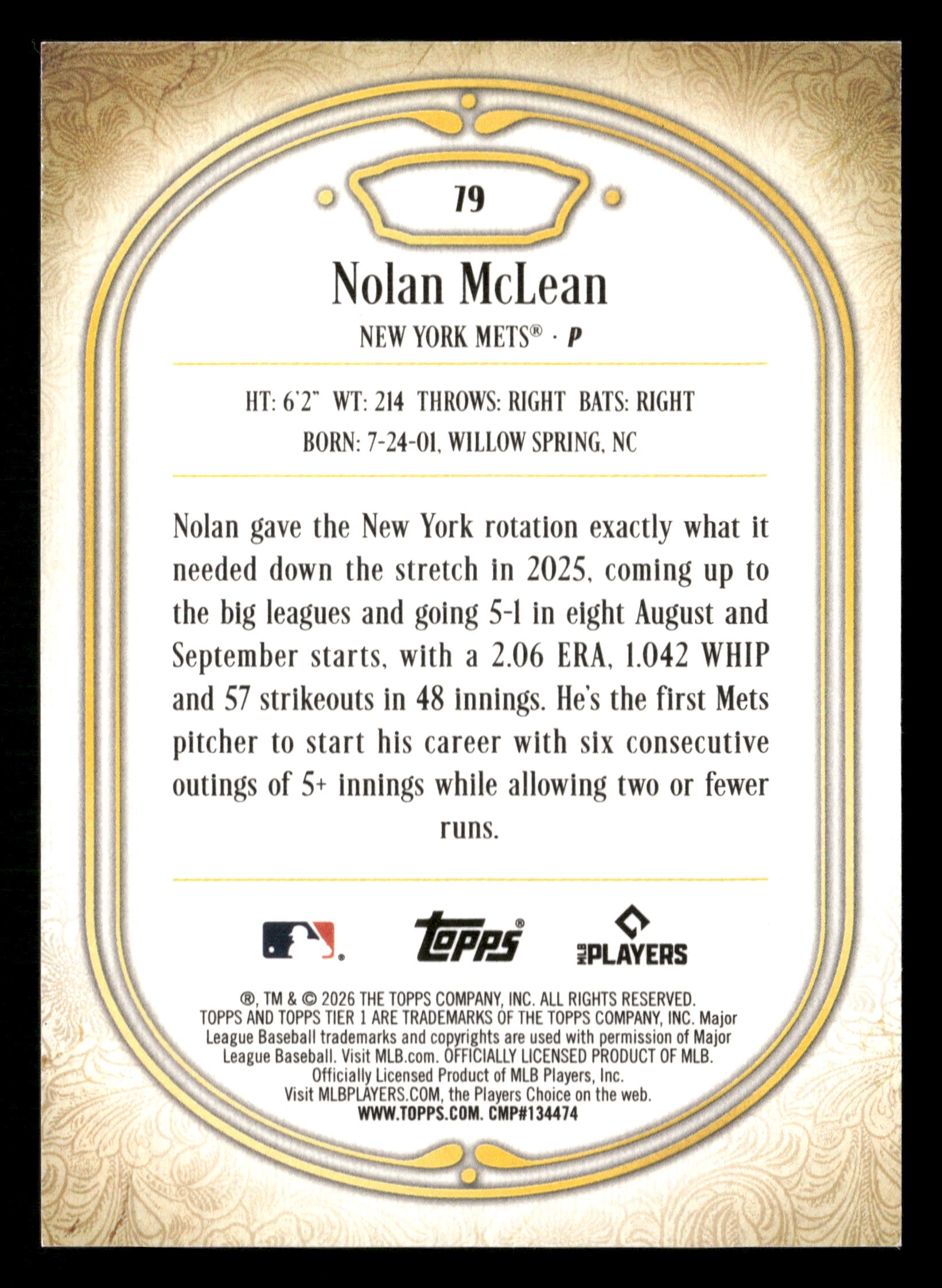 2026 Topps Tier One #79 Nolan McLean Red #/50