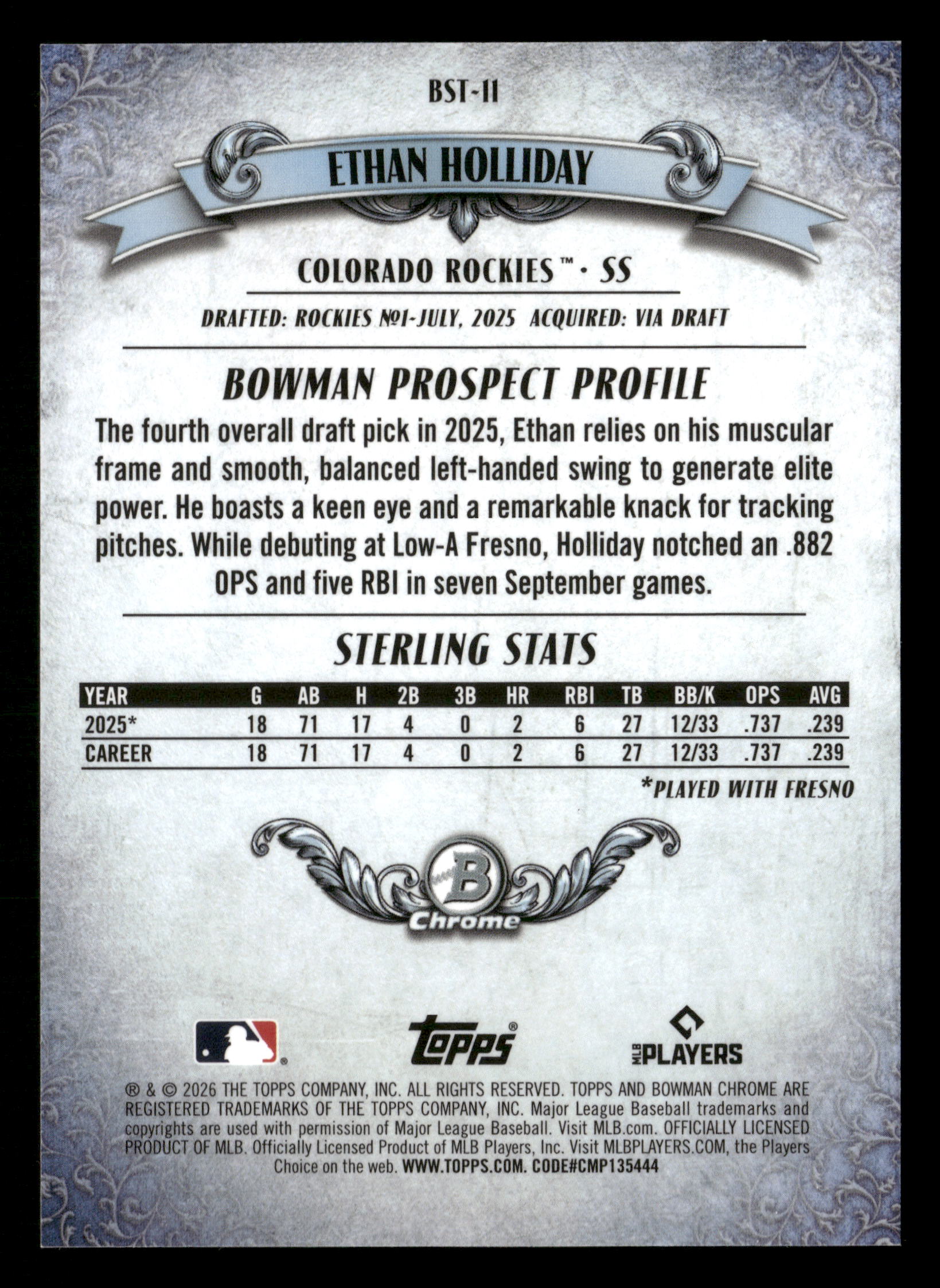 2026 Bowman #BST-11 Ethan Holliday Bowman Sterling Mini Diamond Refractors #/150