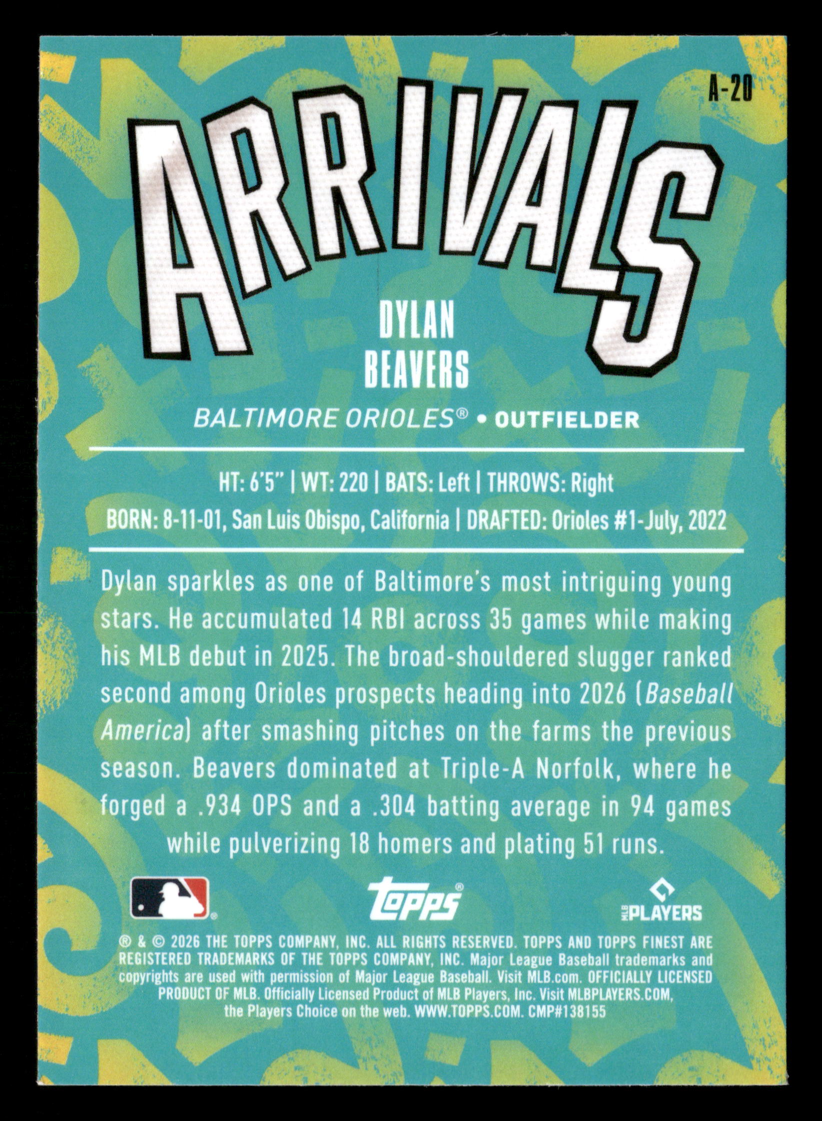 2026 Finest #A-20 Dylan Beavers Arrivals Green Refractors #/99