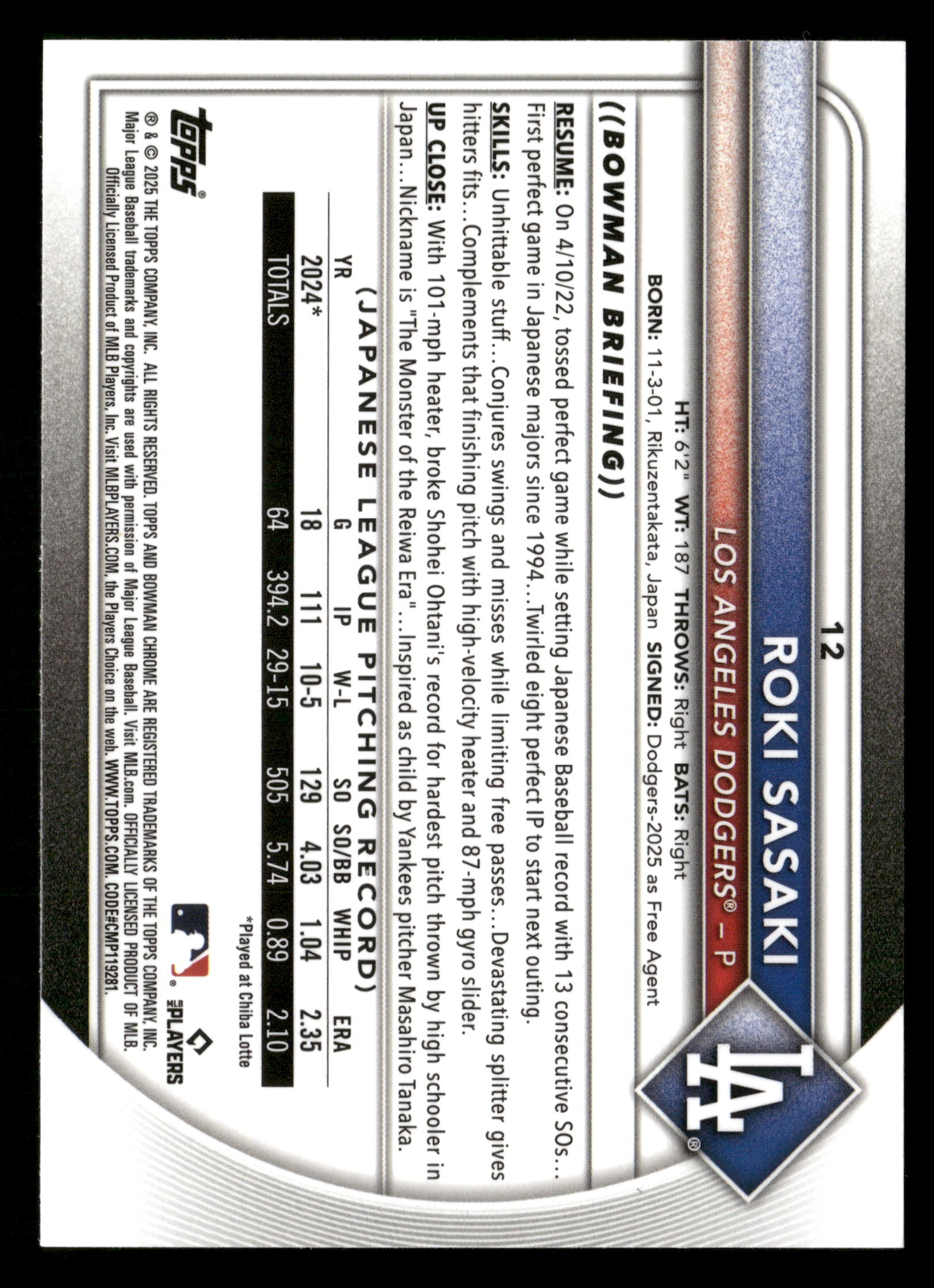 2025 Bowman Chrome #12 Roki Sasaki Refractor