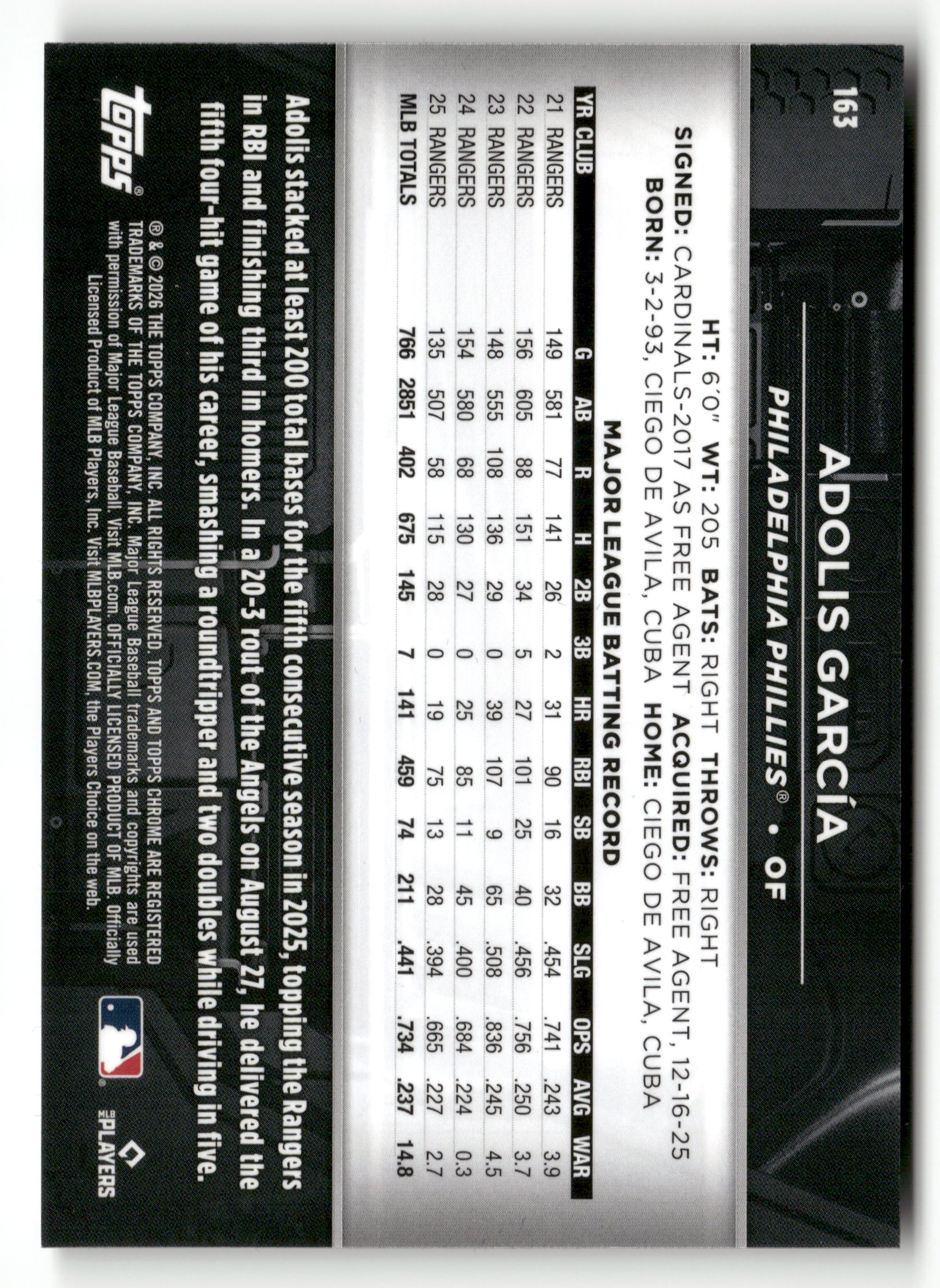 2026 Topps Chrome Black #163 Adolis García Purple Mini-Diamond Refractors #/75