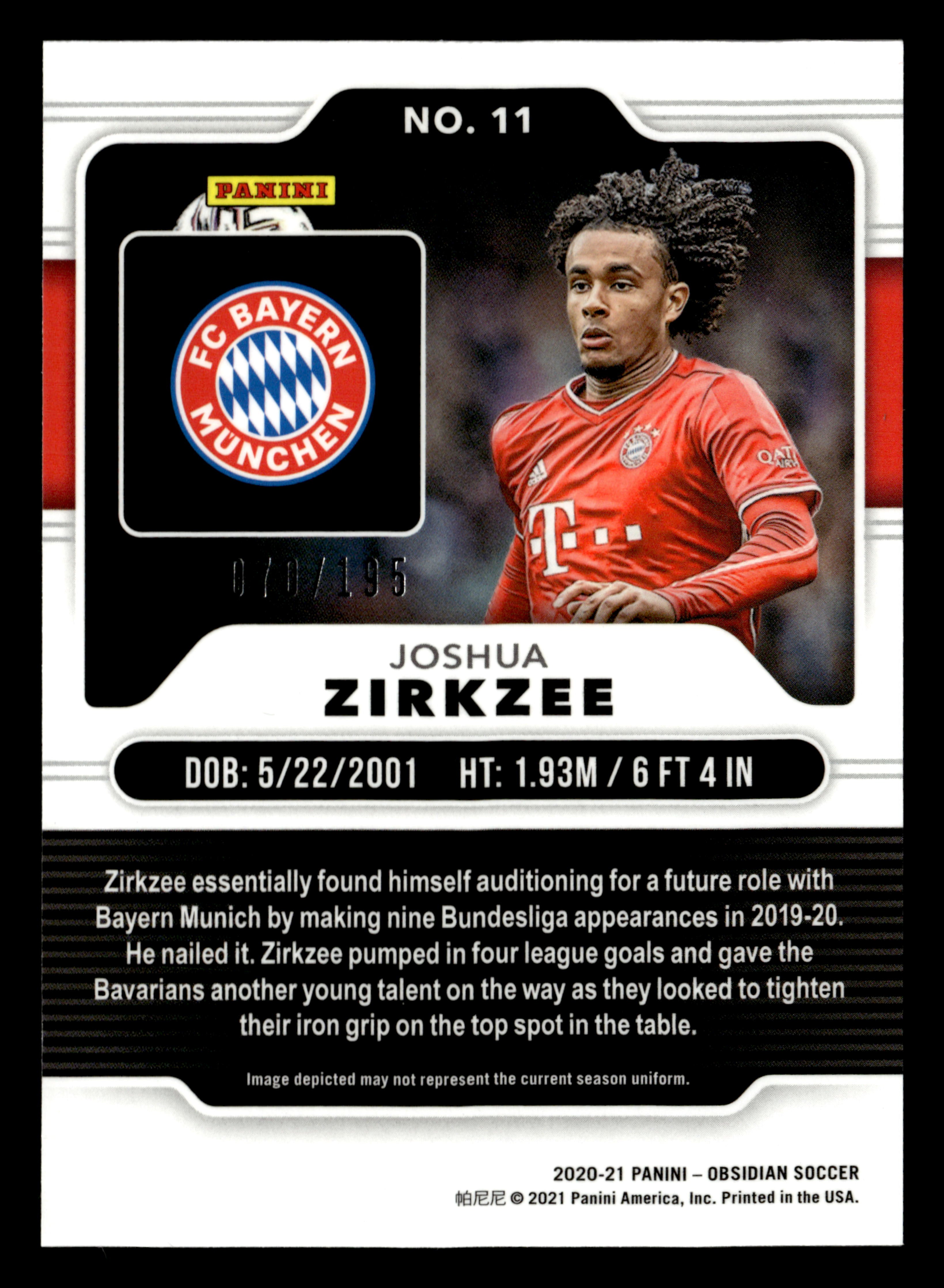 2020-21 Panini Obsidian #11 Joshua Zirkzee #/195