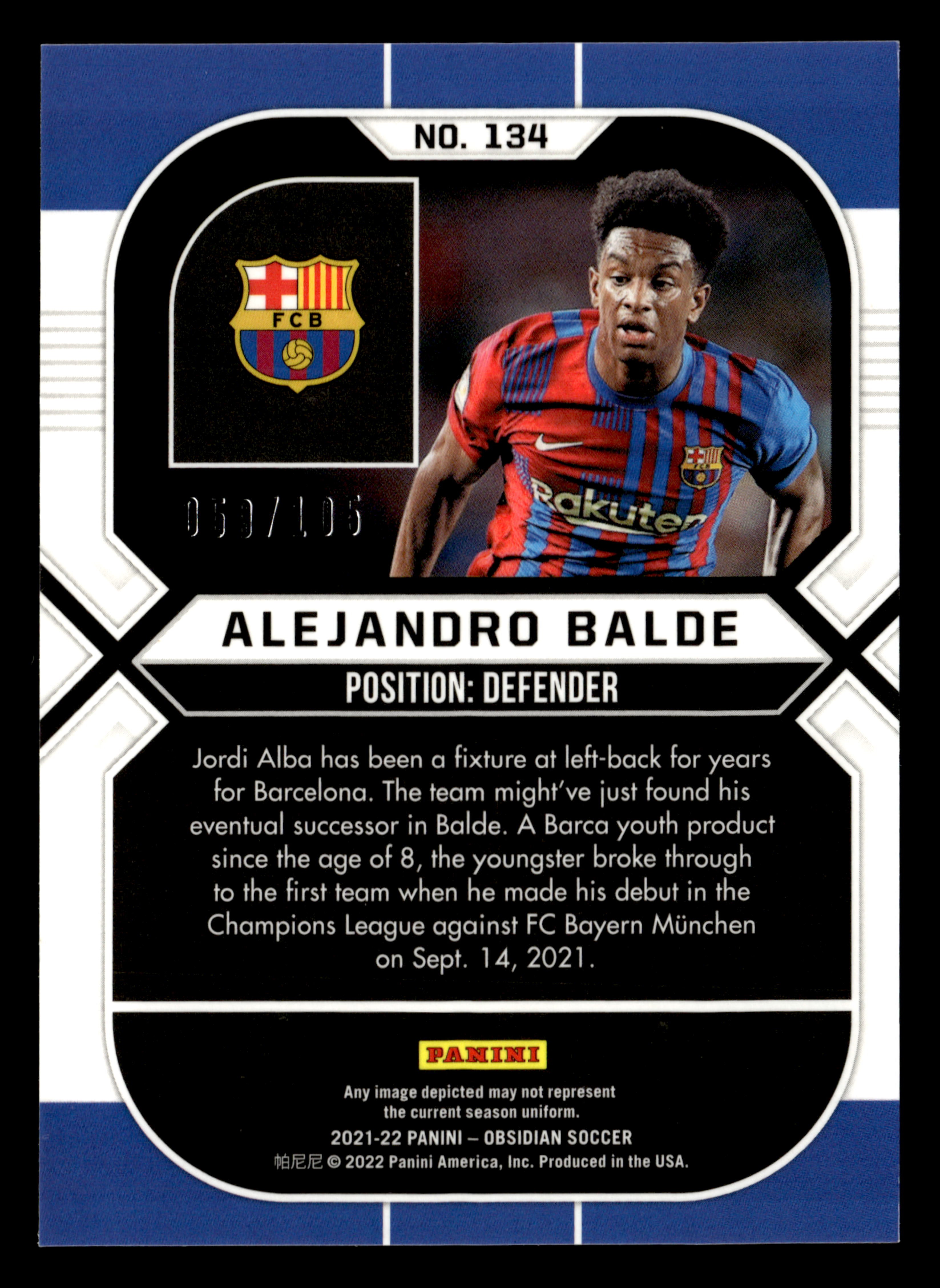2021-22 Panini Obsidian #134 Alejandro Balde #/105