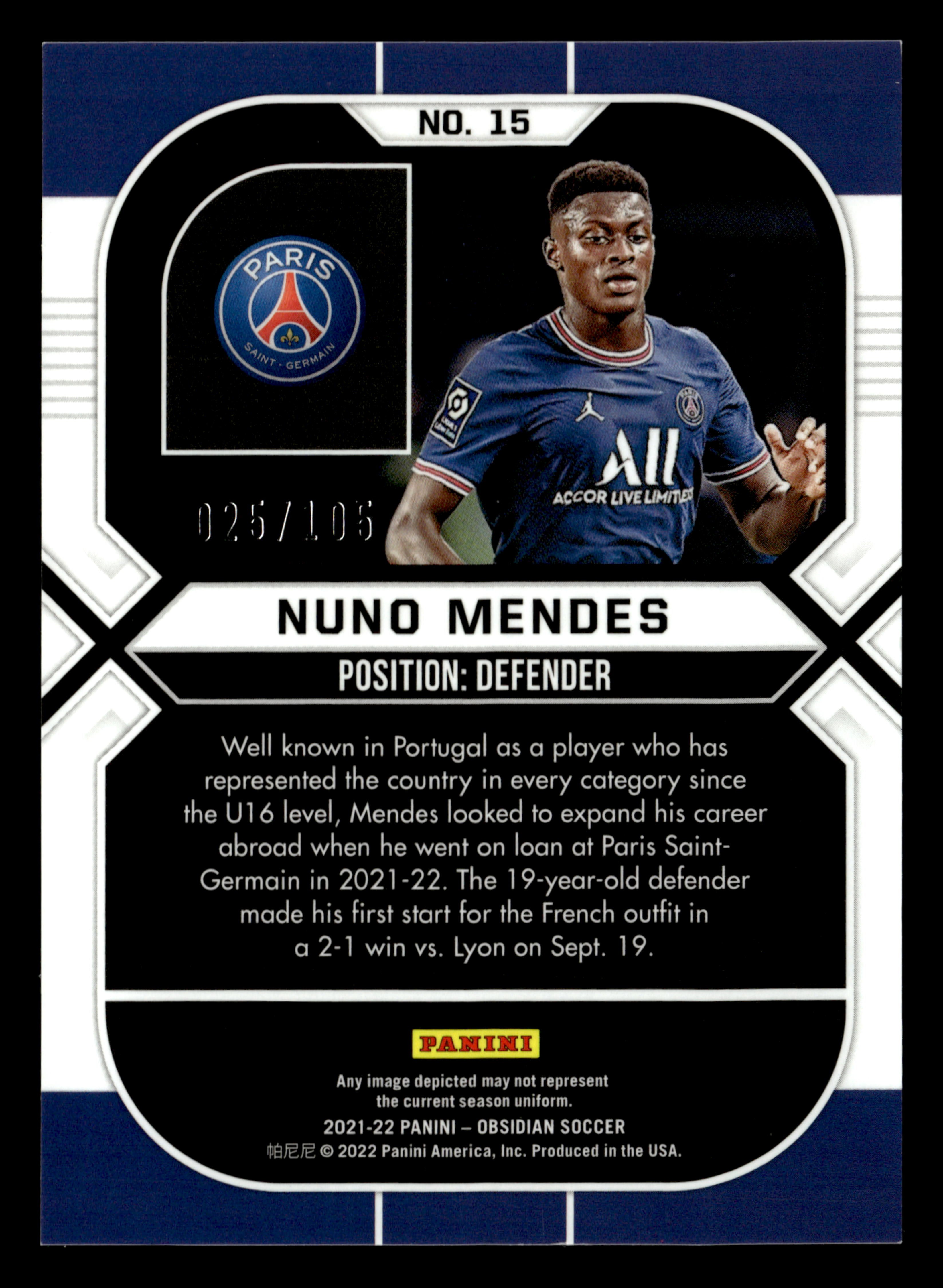 2021-22 Panini Obsidian #15 Nuno Mendes #/105