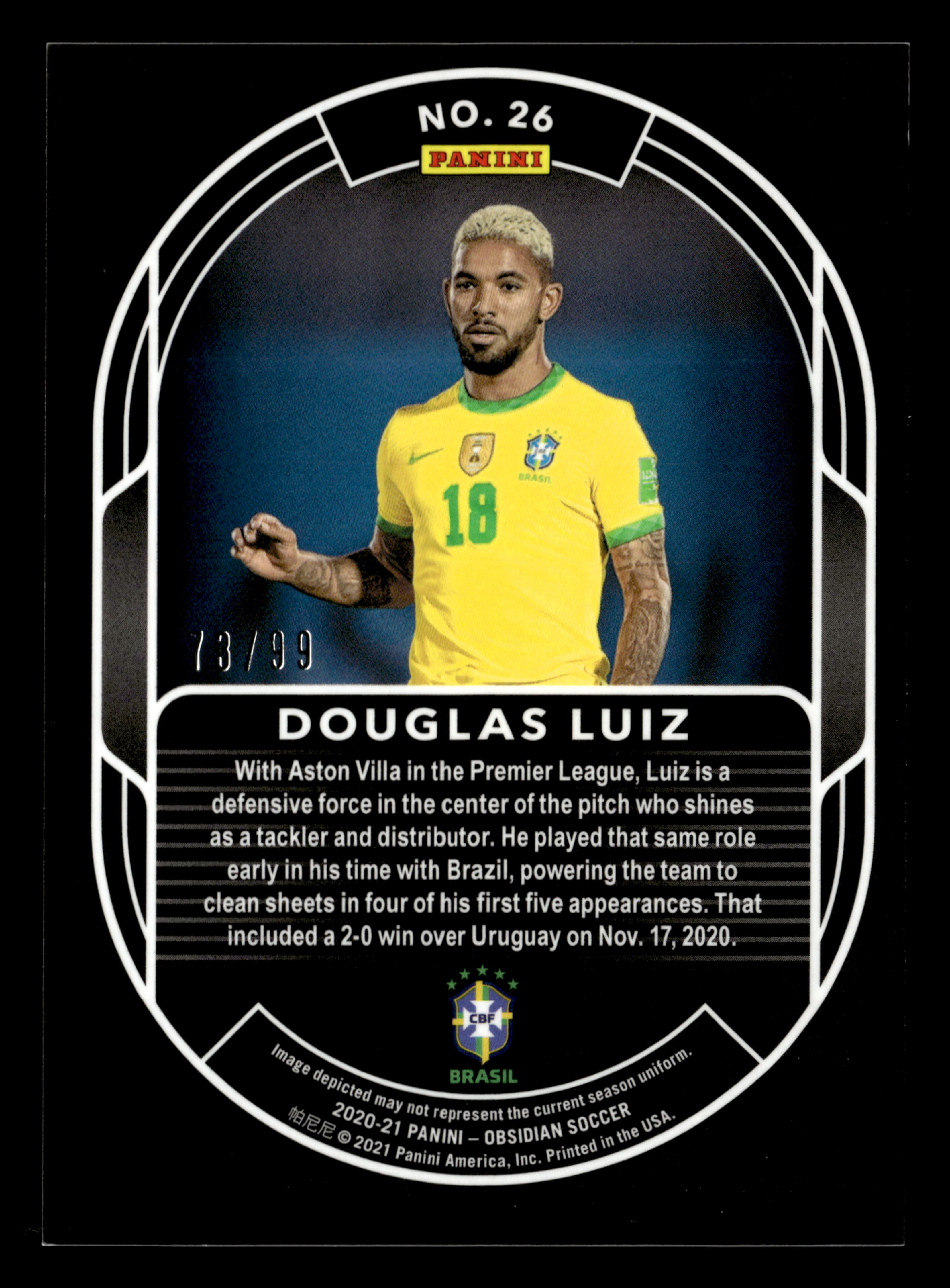 2020-21 Panini Obsidian #26 Douglas Luiz Pitch Black #/99