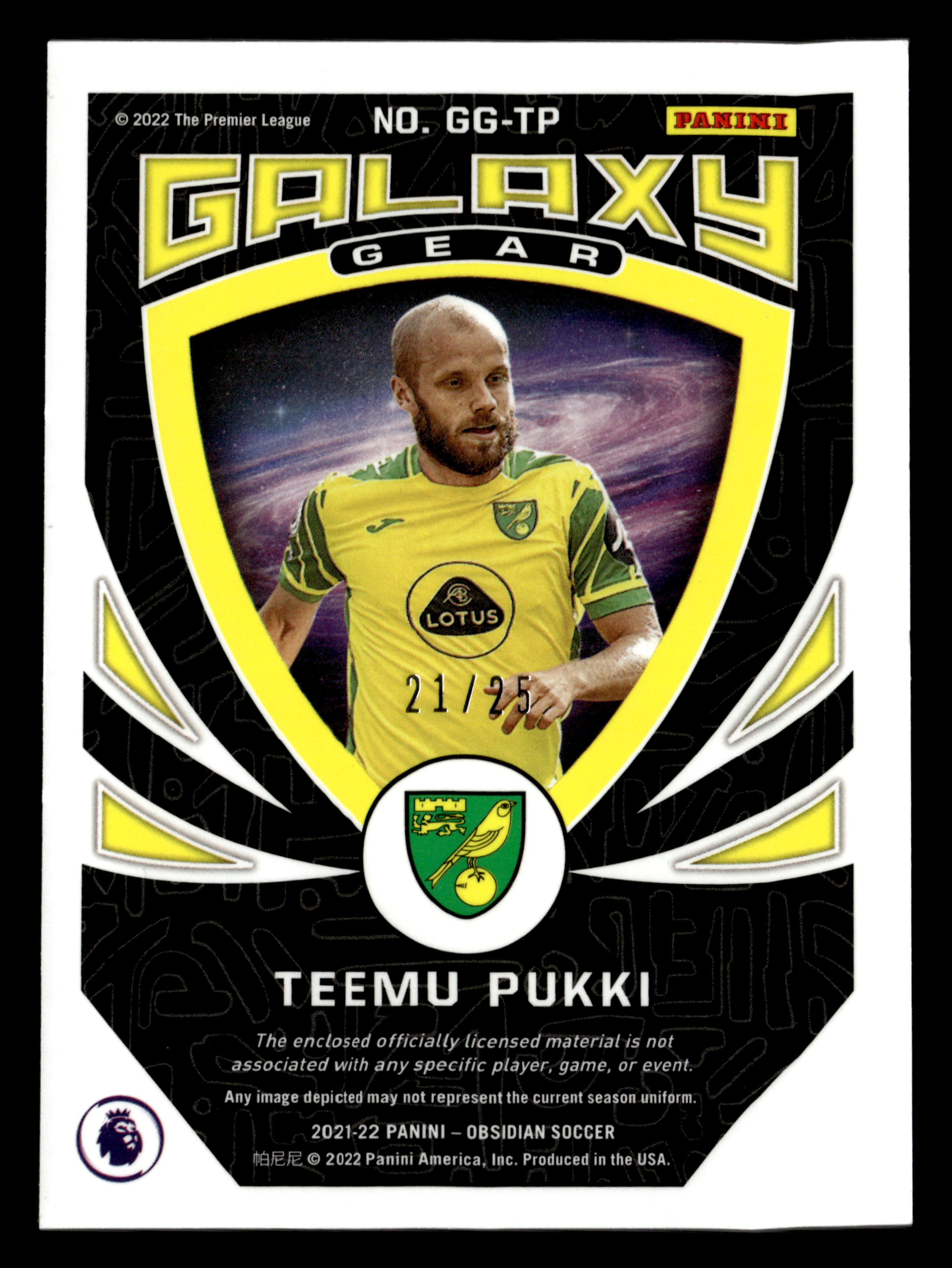 2021-22 Panini Obsidian #GG-TP Teemu Pukki Galaxy Gear Electric Etch Red #/25