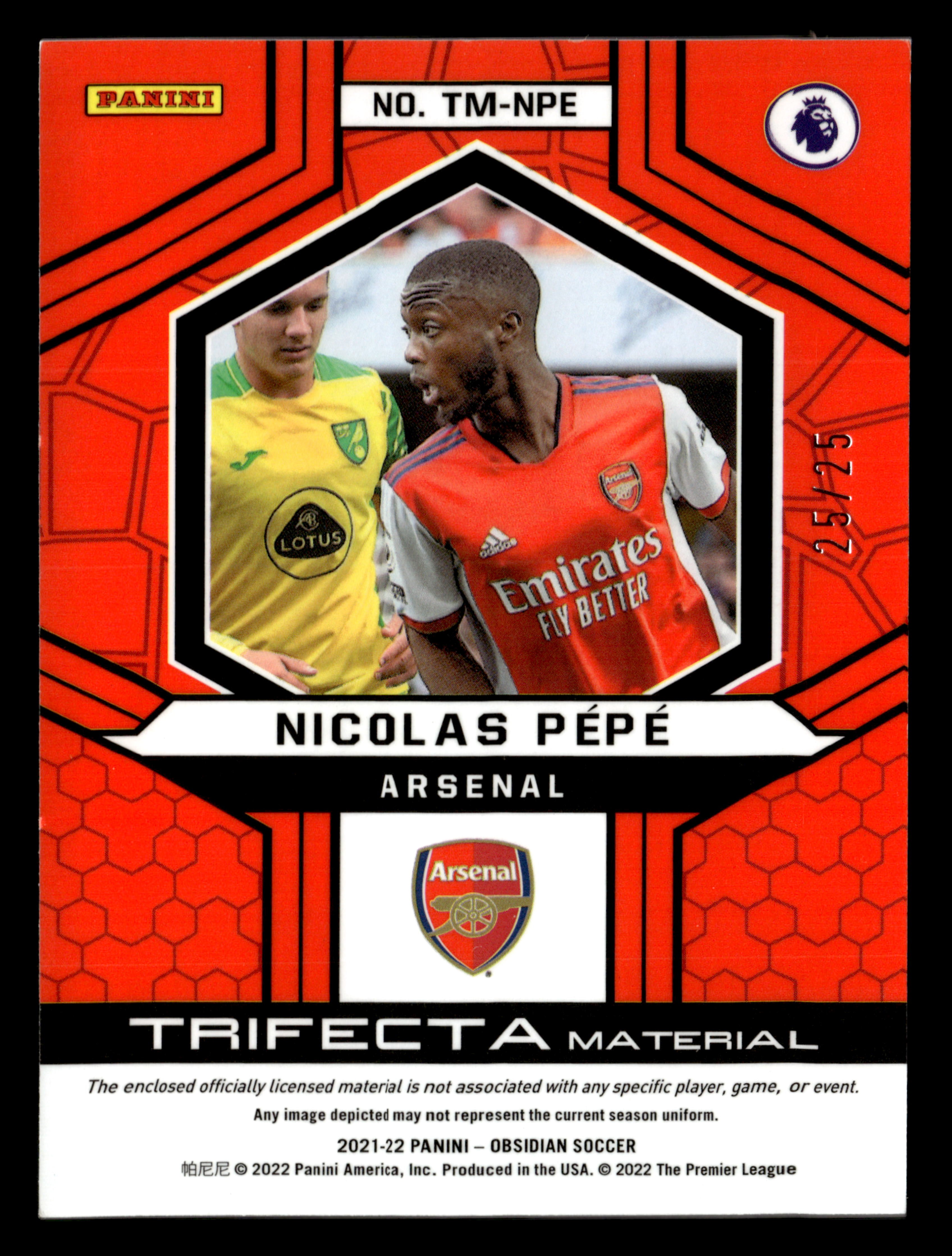 2021-22 Panini Obsidian #TM-NPE Nicolas Pepe Tri Material Electric Etch Red #/25