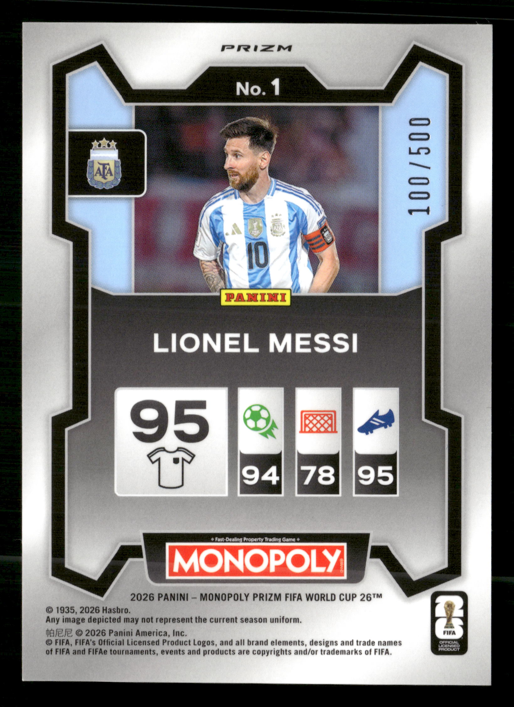 2026 Panini Monopoly FIFA World Cup #1 Lionel Messi Gold Big Money Prizms #/500