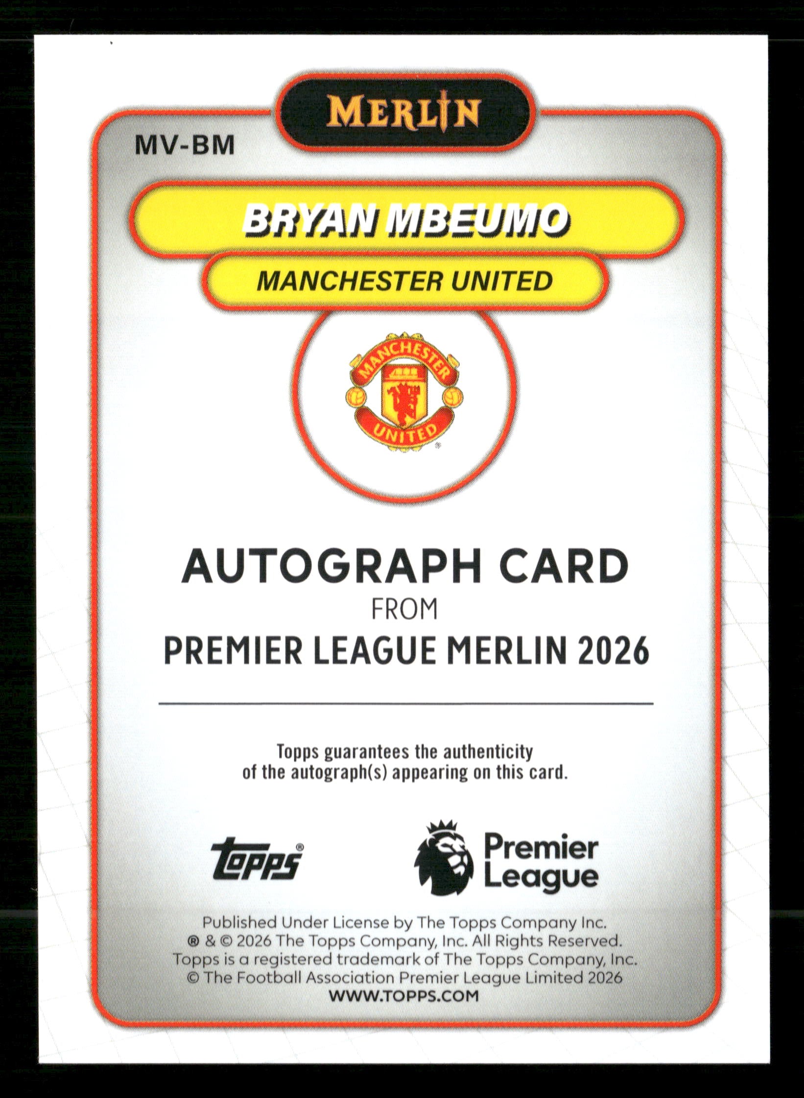 2026 Merlin Premier League #MV-BM Bryan Mbeumo Autographs Blue Refractor #/150