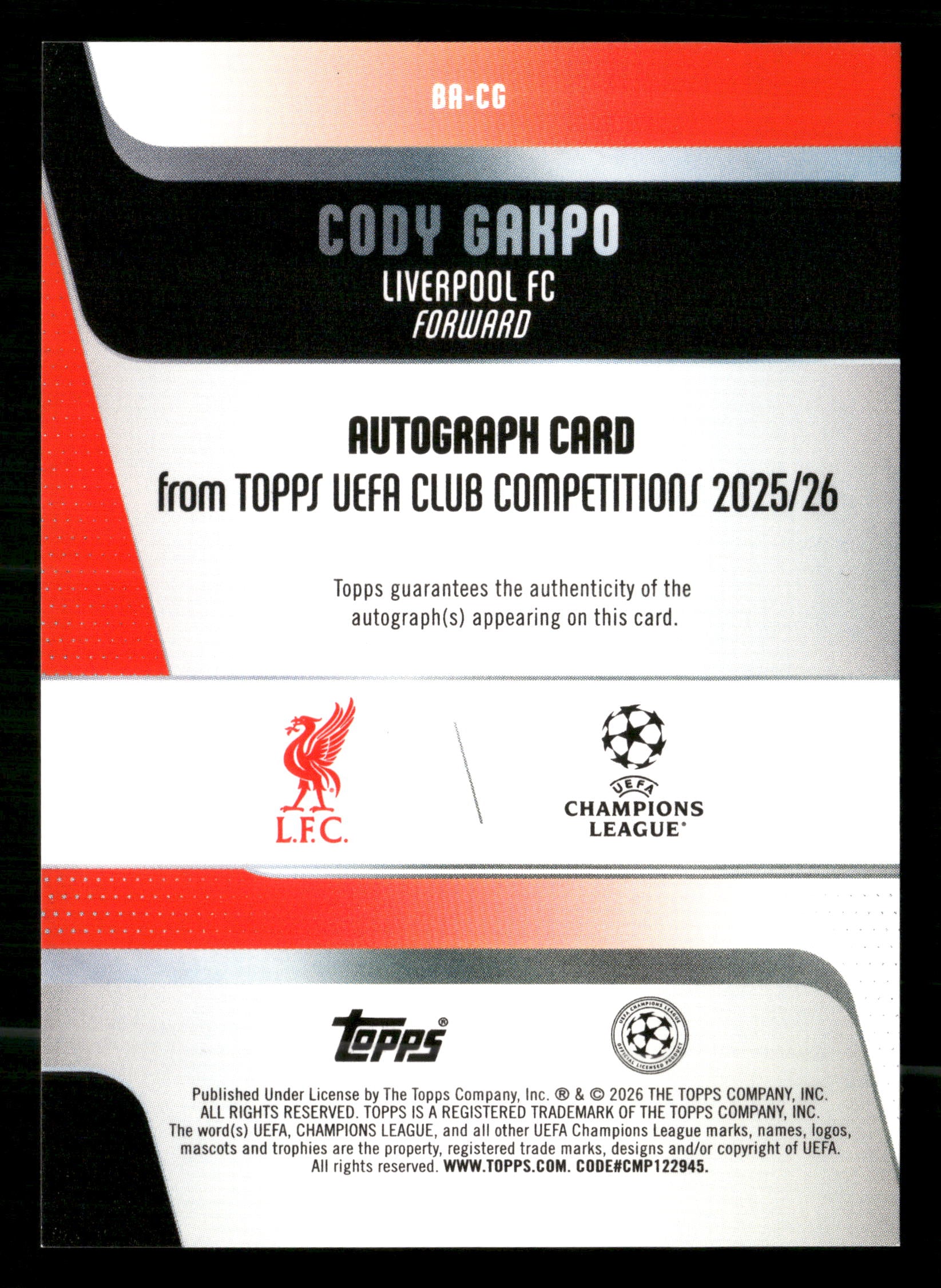 2025-26 Topps Chrome UEFA CC #CA-CG Cody Gakpo Chrome Auto #/99