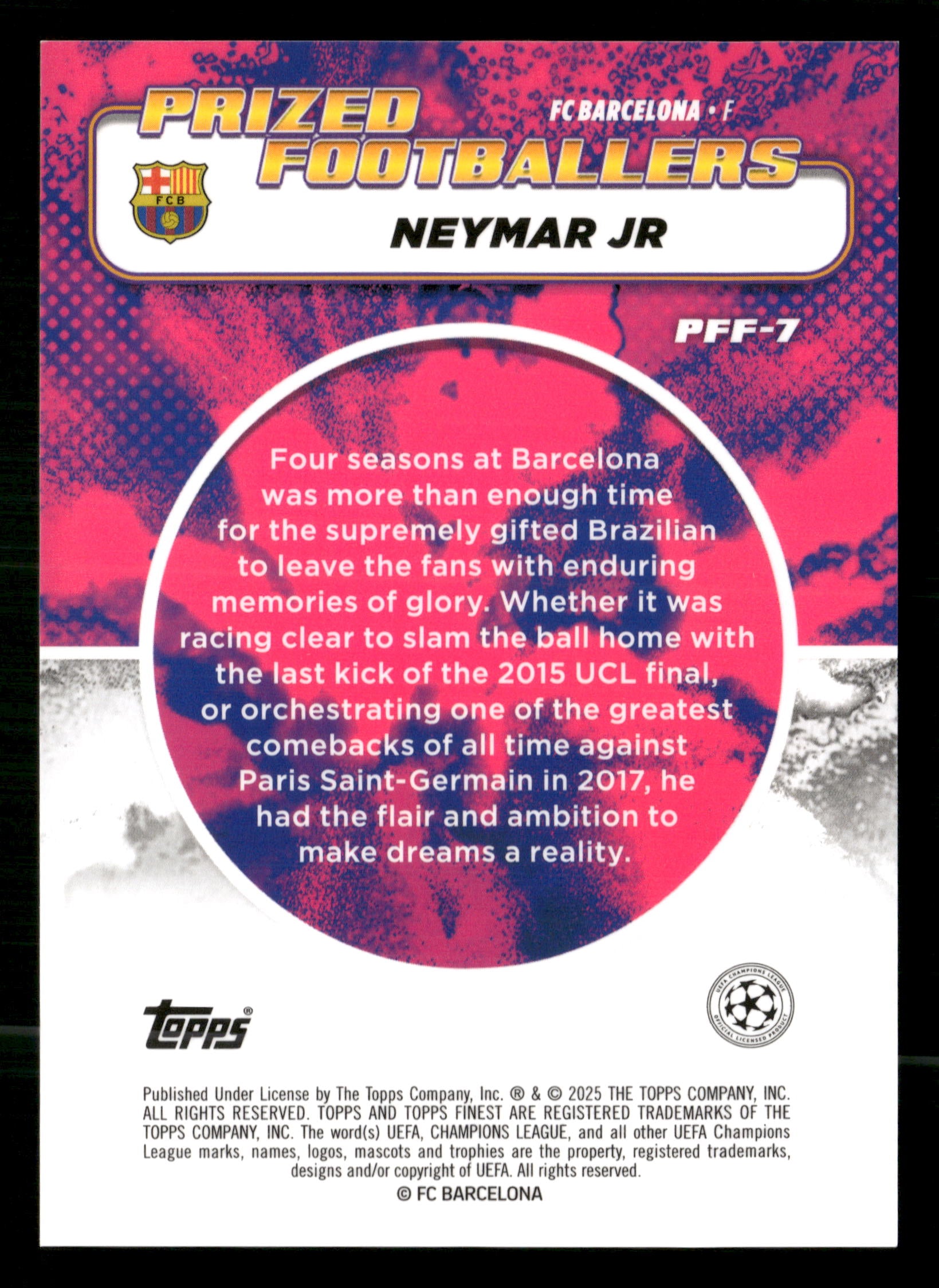 2024-25 Finest UCC PFF-7 Neymar Jr Prized Footballers Blue/Gold Refractor