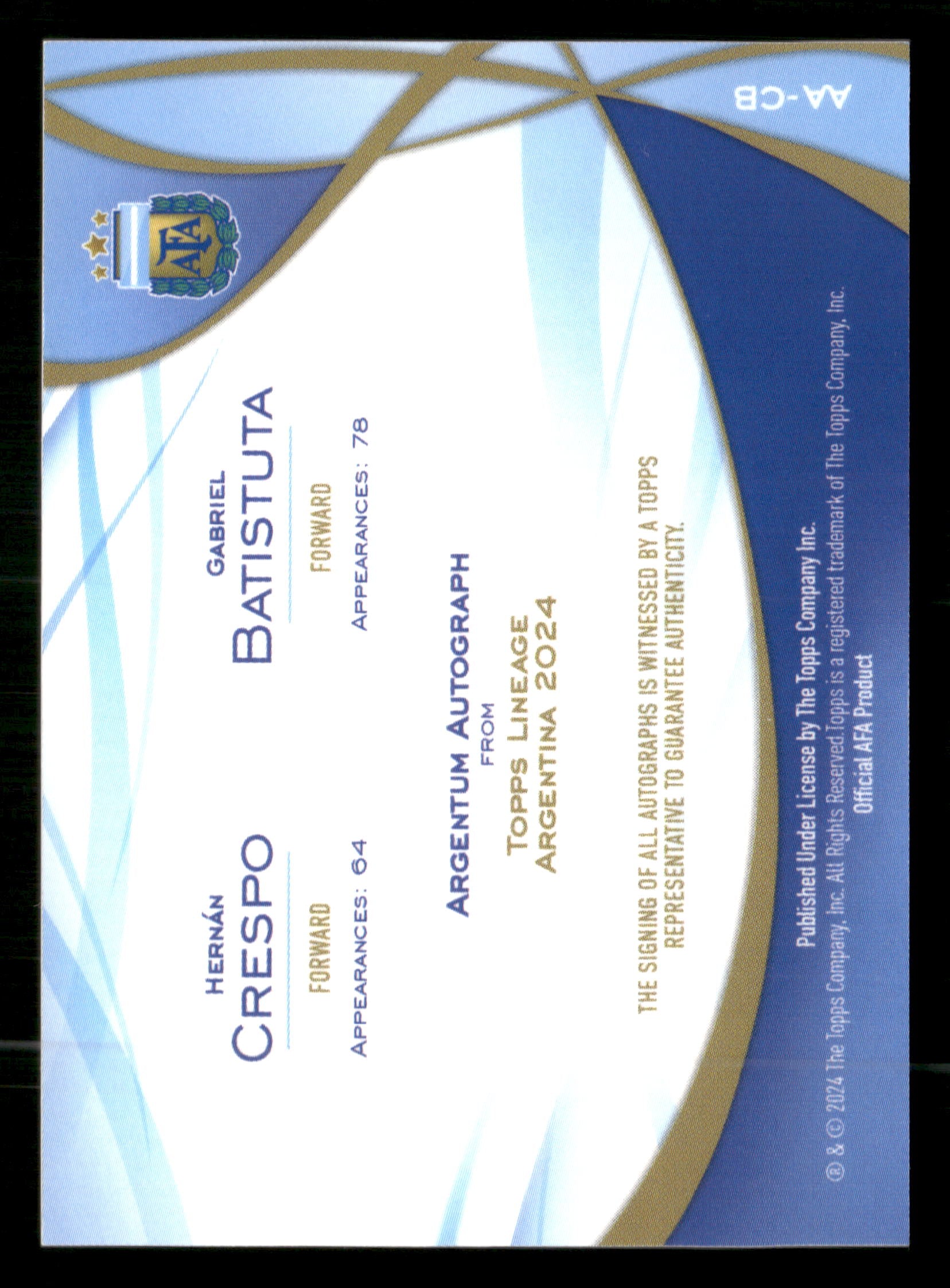 2024 Topps Lineage Argentina #AA-CB Crespo / Batistuta Argentum Auto #/50