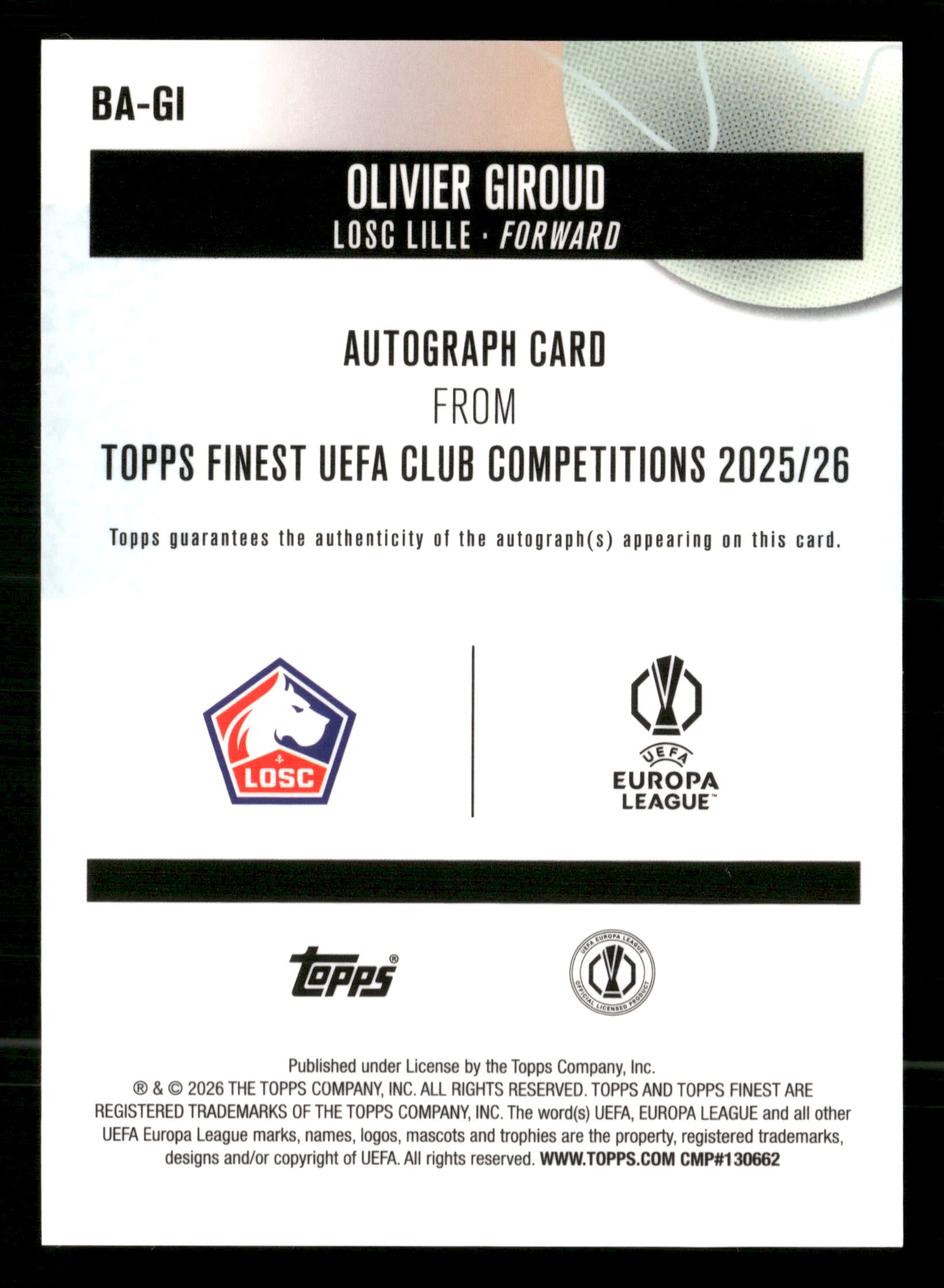 2025-26 Finest UEFA Club Competitions #BA-GI Olivier Giroud Base Autographs