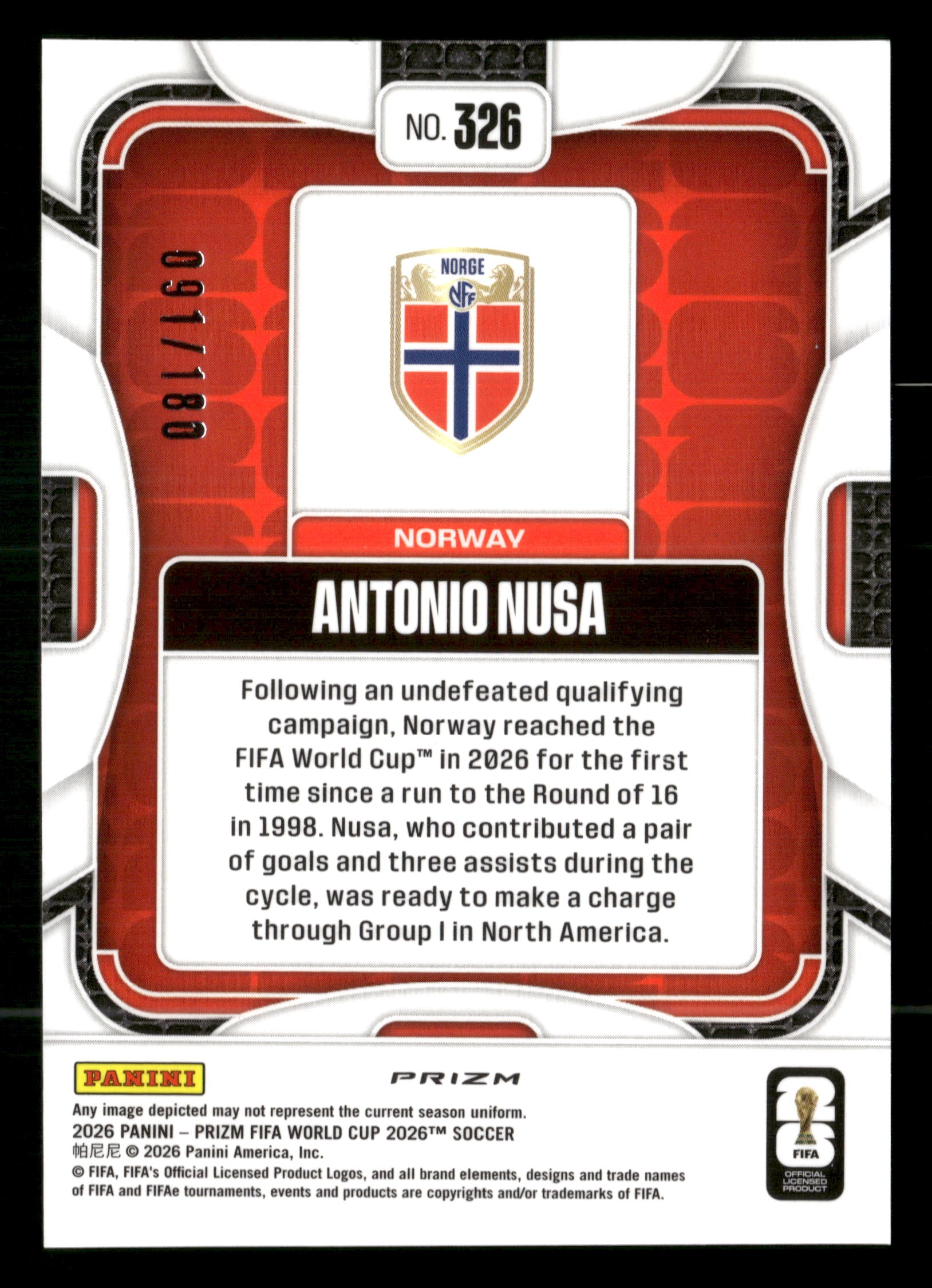2026 Prizm FIFA World Cup #326 Antonio Nusa Fluorescent Yellow Wave #/180