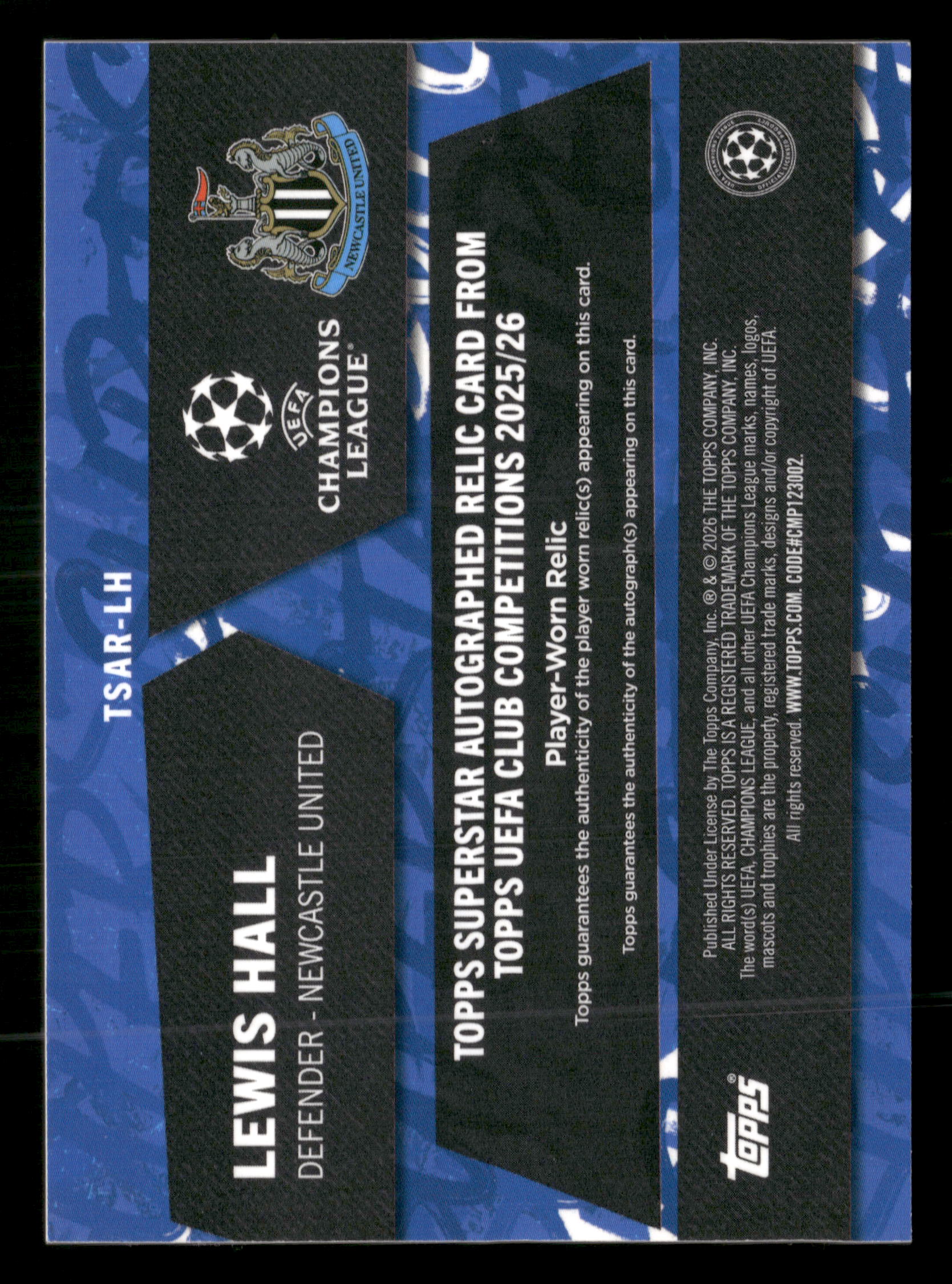 2025-26 Topps UEFA CC #TSAR-LH Lewis Hall Auto Relic #/125