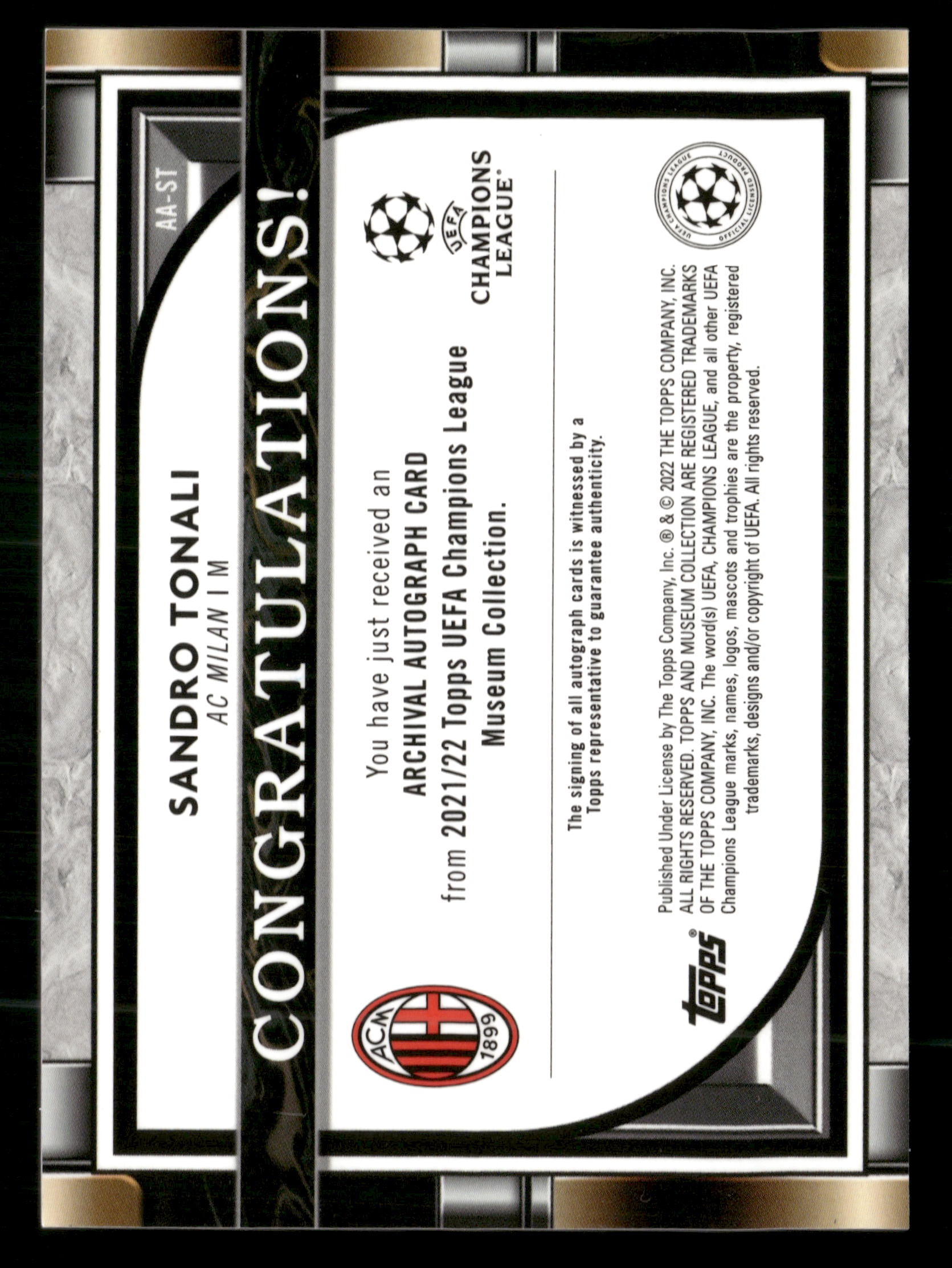2021-22 Museum Collection UEFA CL #AA-ST Sandro Tonali Archival Auto /250