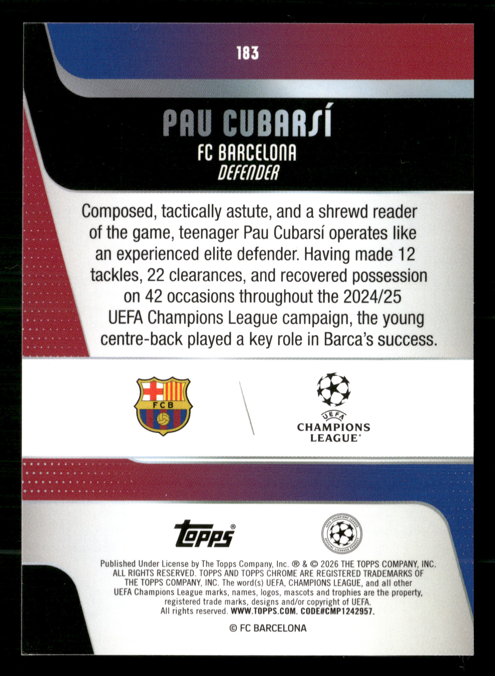 2025-26 Topps UEFA Club Competitions #183 Pau Cubarsí Green Raindrops #/99