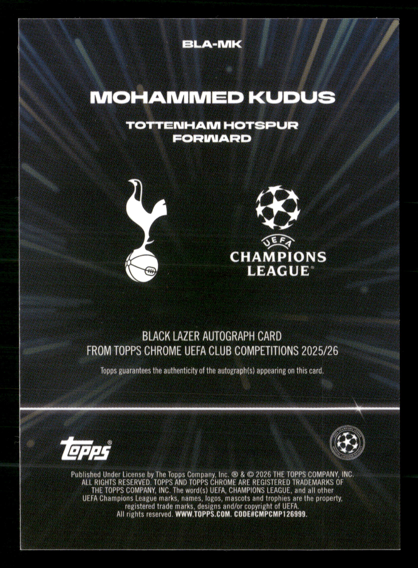 2025-26 Chrome UEFA CC #BLA-MK Mohammed Kudus Black/Blue Lazer Auto #/150