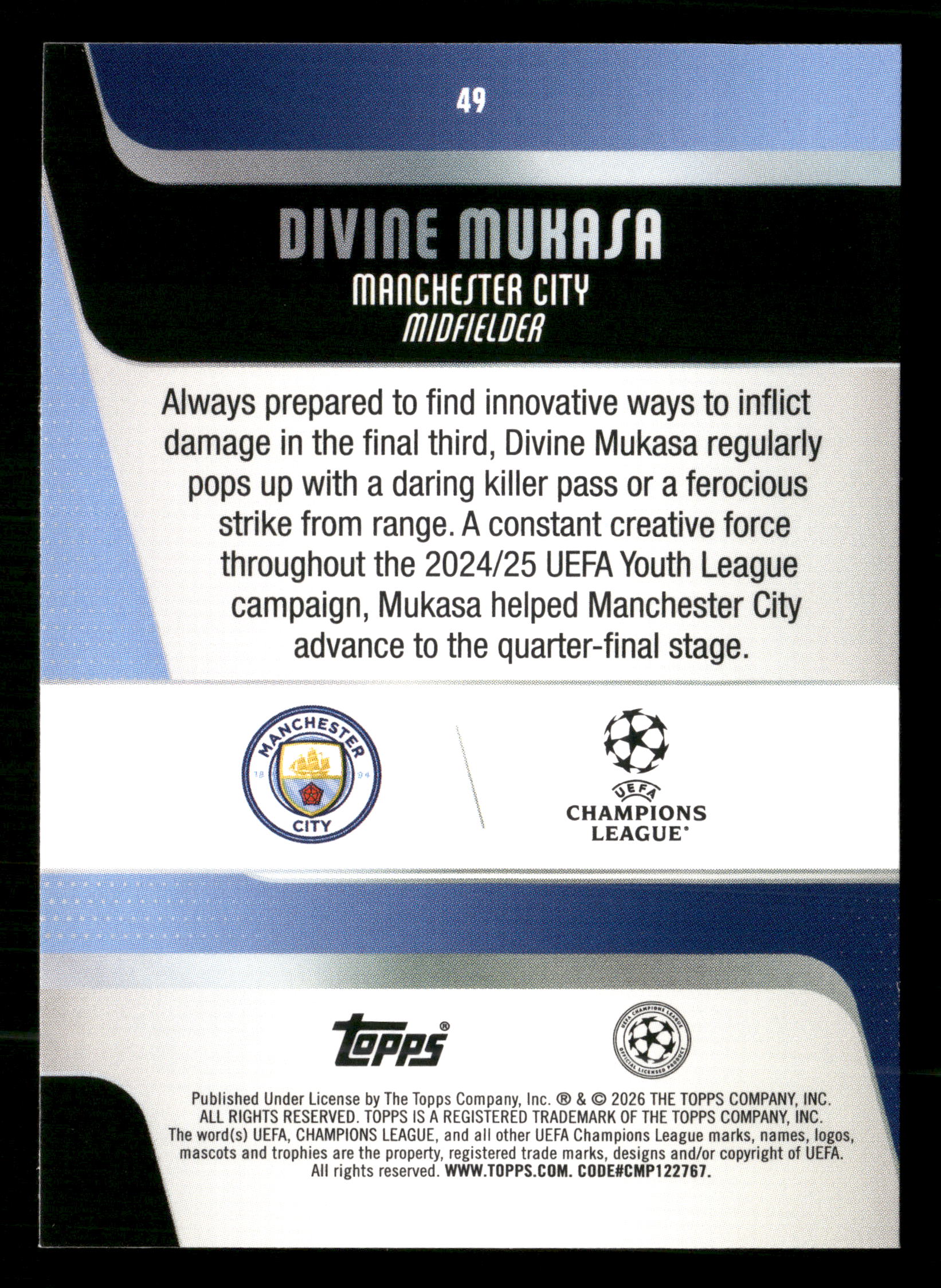 2025-26 Topps UEFA Club Competitions #49 Divine Mukasa Green Raindrops #/99