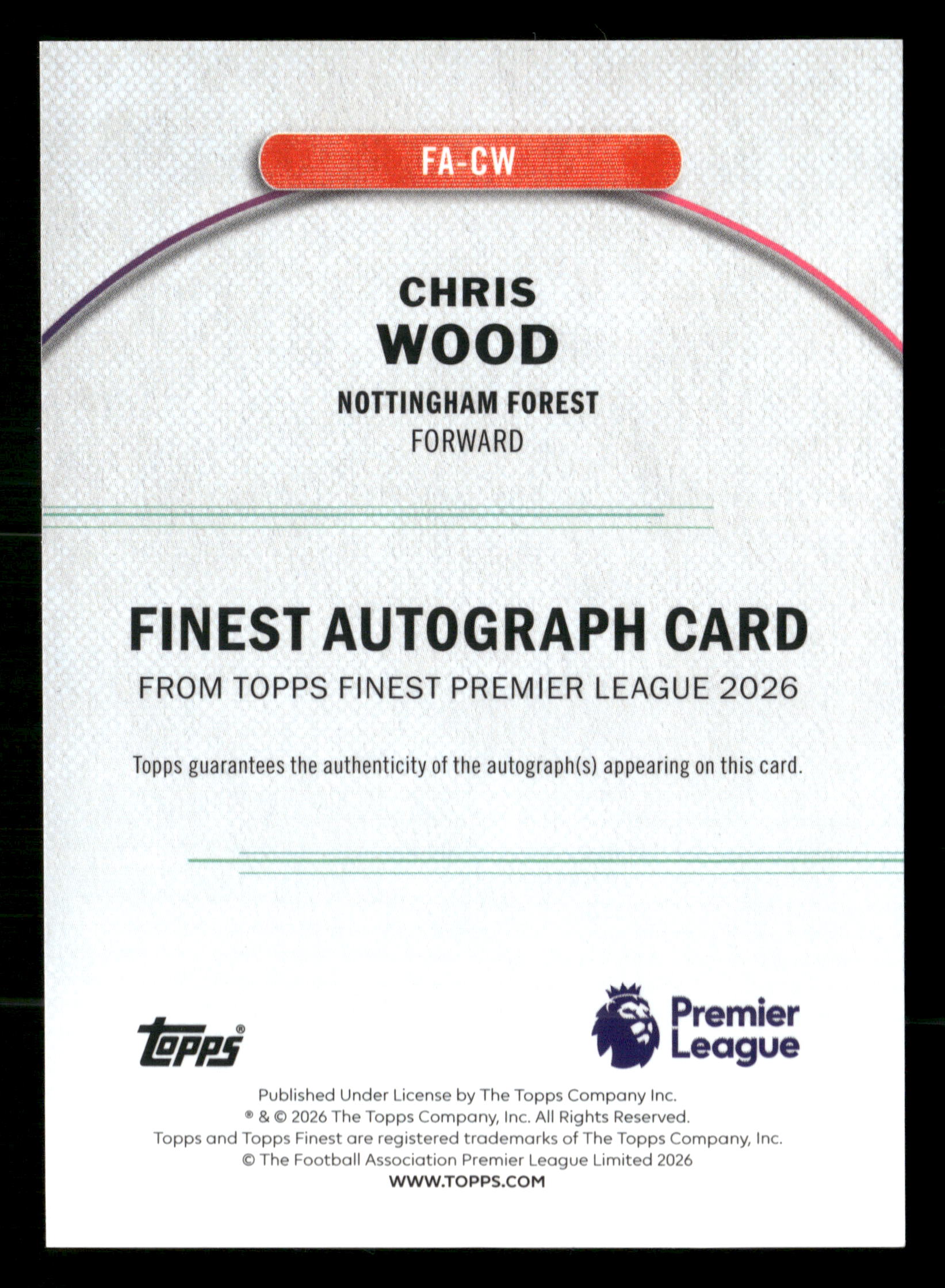 2025-26 Finest Premier League #FA-CW Chris Wood Finest Autographs Blue #/99
