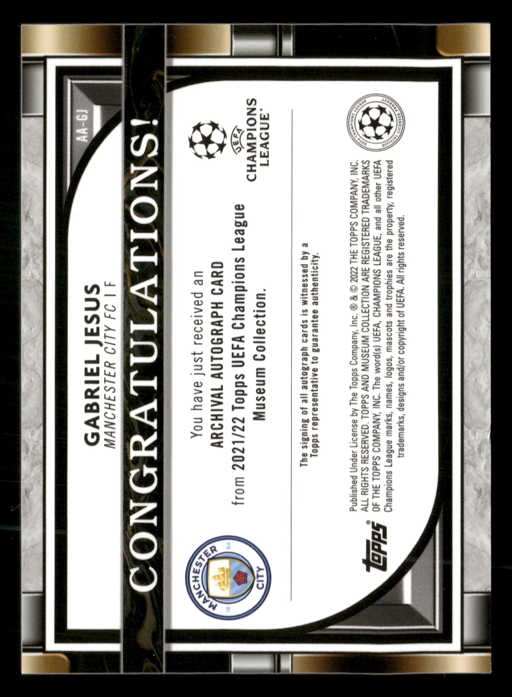 2021-22 Museum Collection UEFA CL #AA-GJ Gabriel Jesus Archival Autographs /250