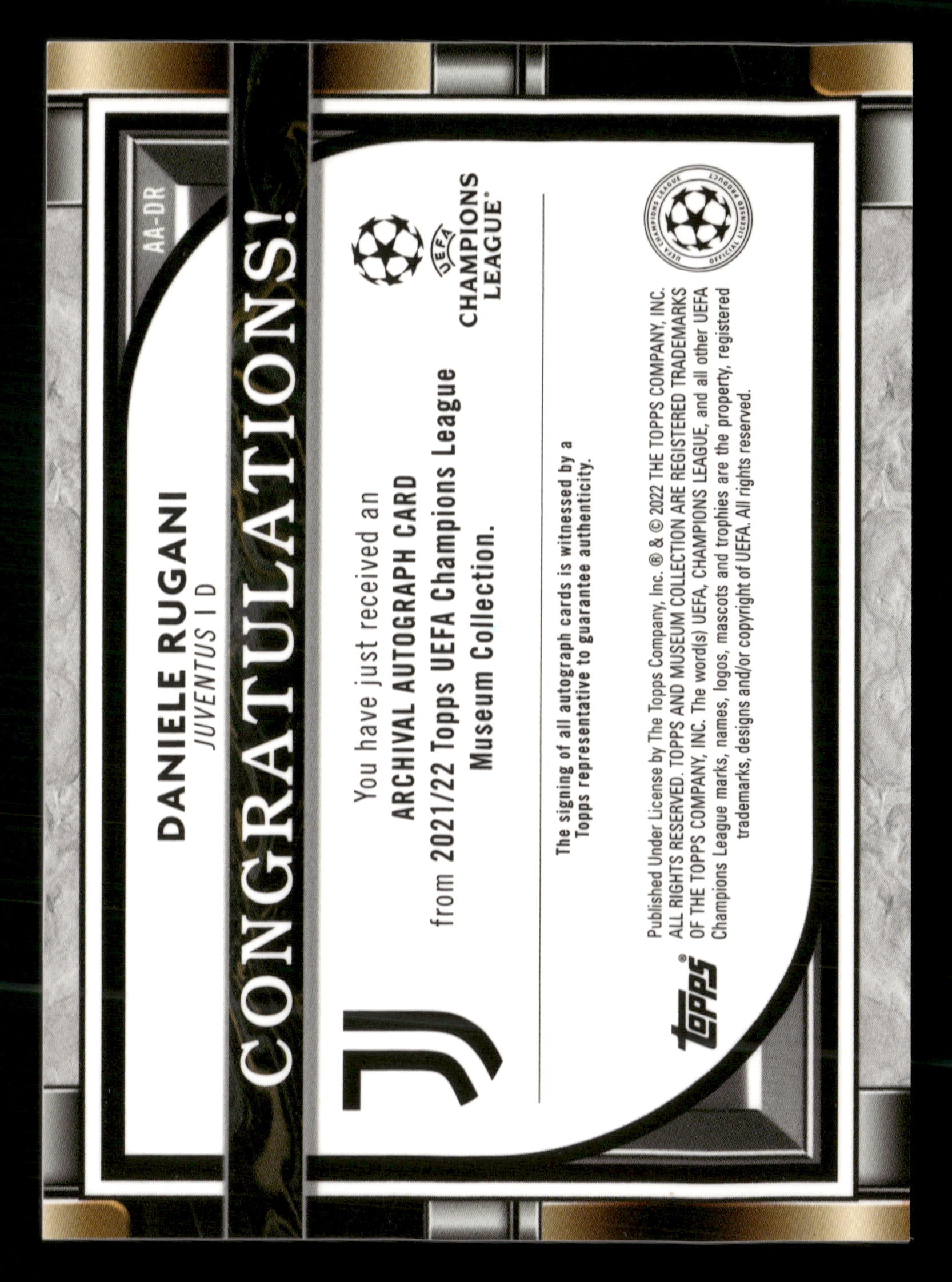 2021-22 Museum Collection UEFA CL #AA-DR Daniele Rugani Archival Auto Gold #/50
