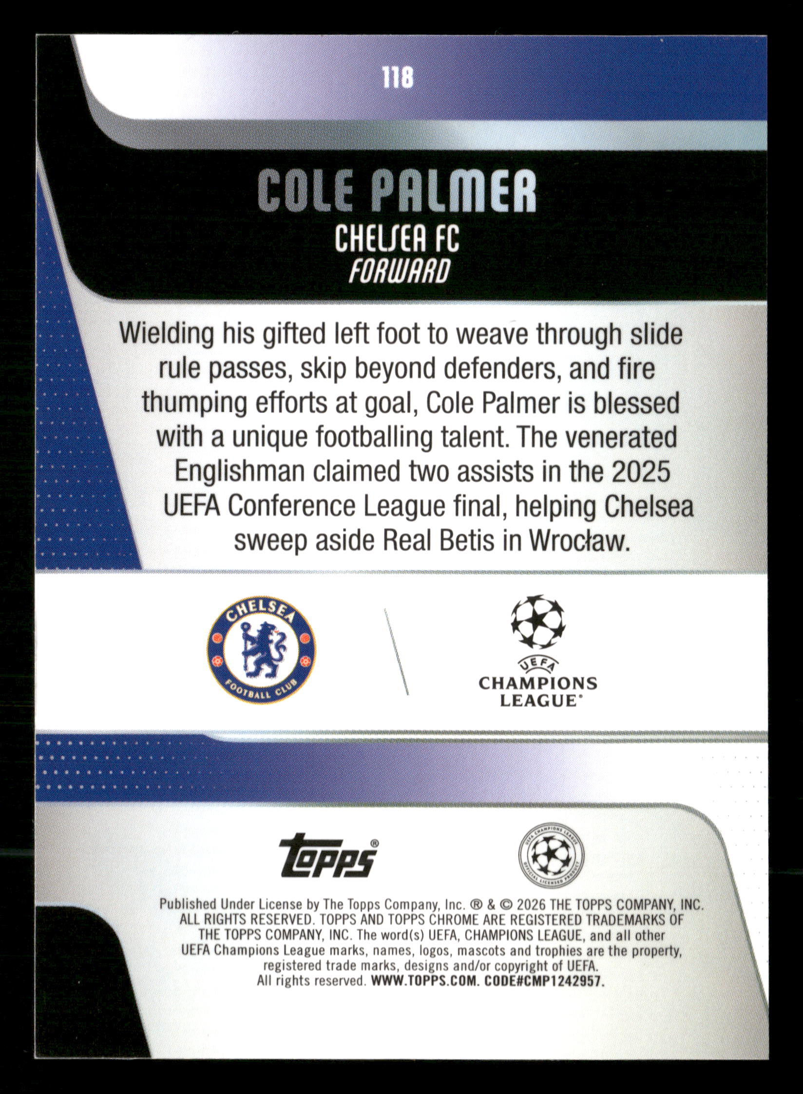 2025-26 Topps Chrome UEFA Club Competitions #118 Cole Palmer Gold Refractor #/50