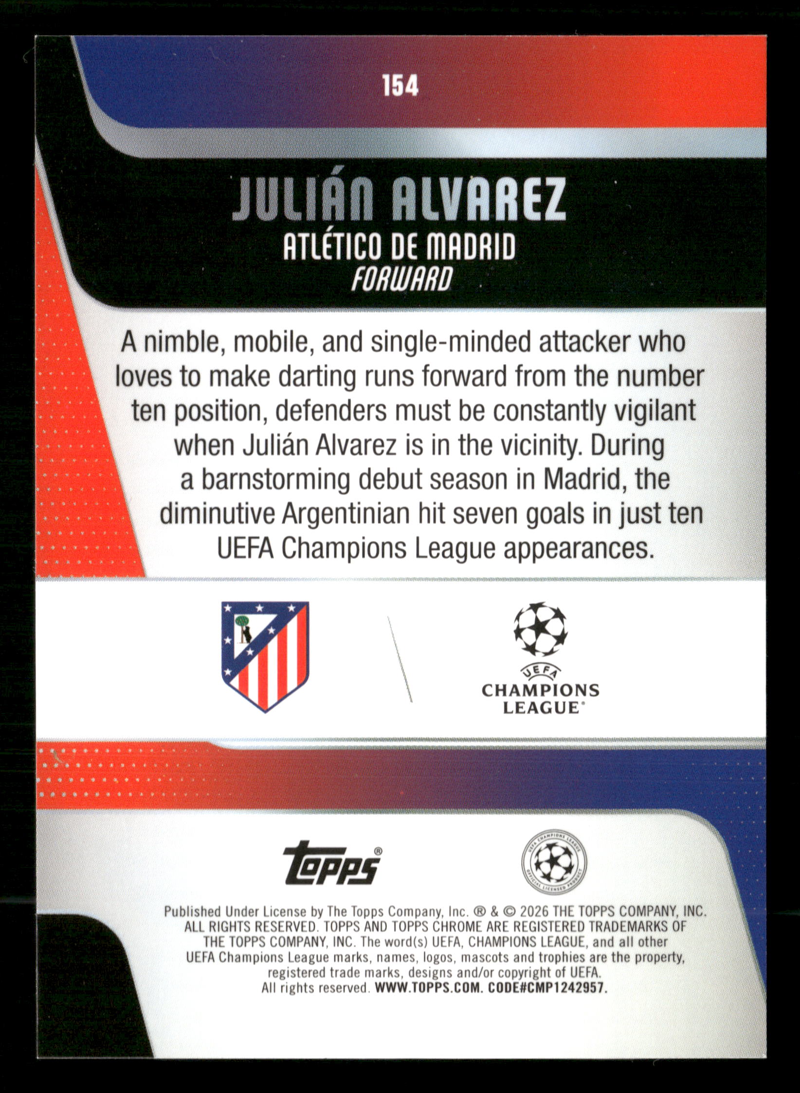2025-26 Topps UEFA Club Competitions #154 Julián Alvarez Green Raindrops #/99