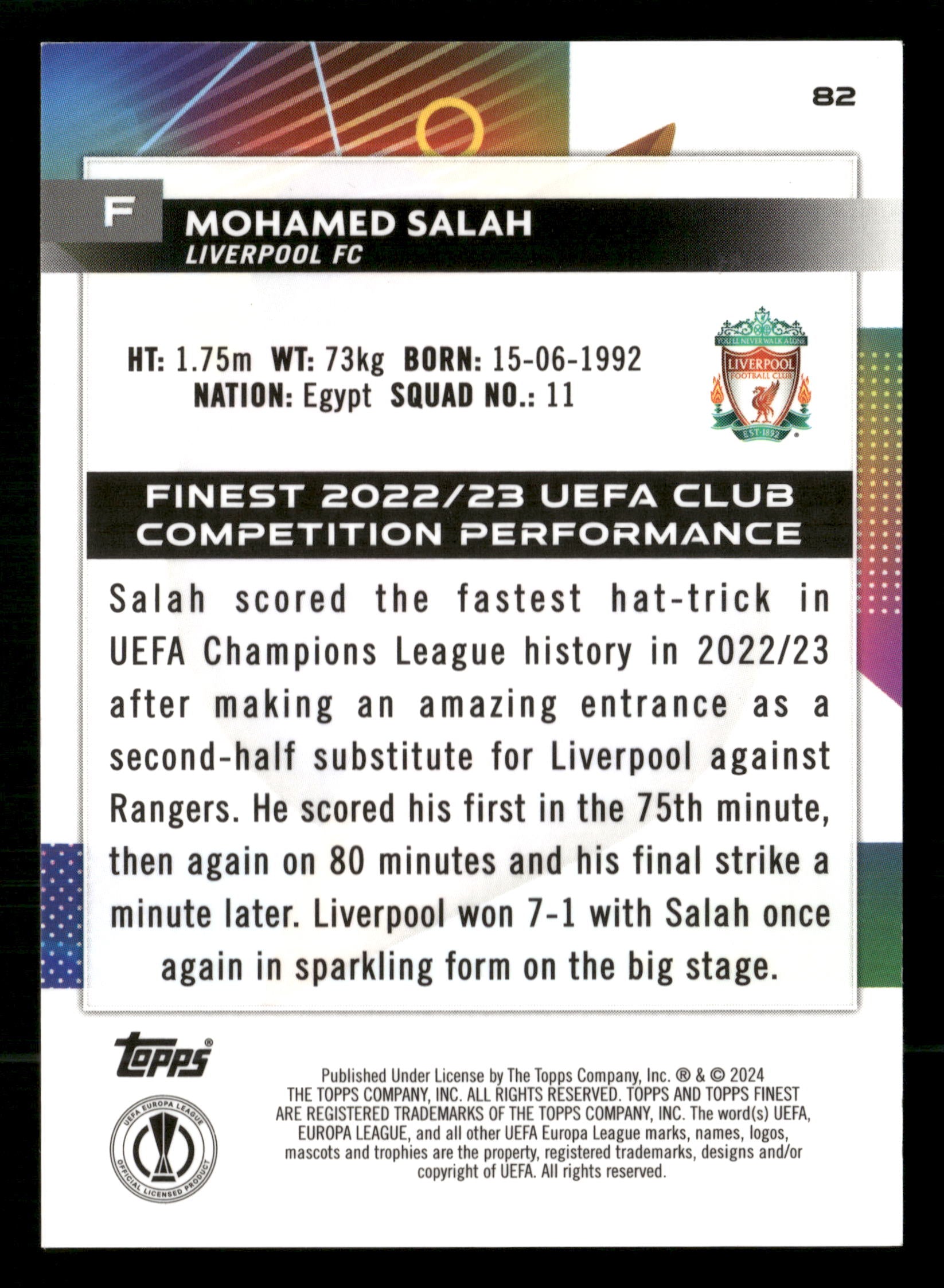 2023-24 Finest UEFA Club Competitions #82 Mohamed Salah Green Refractor #/99