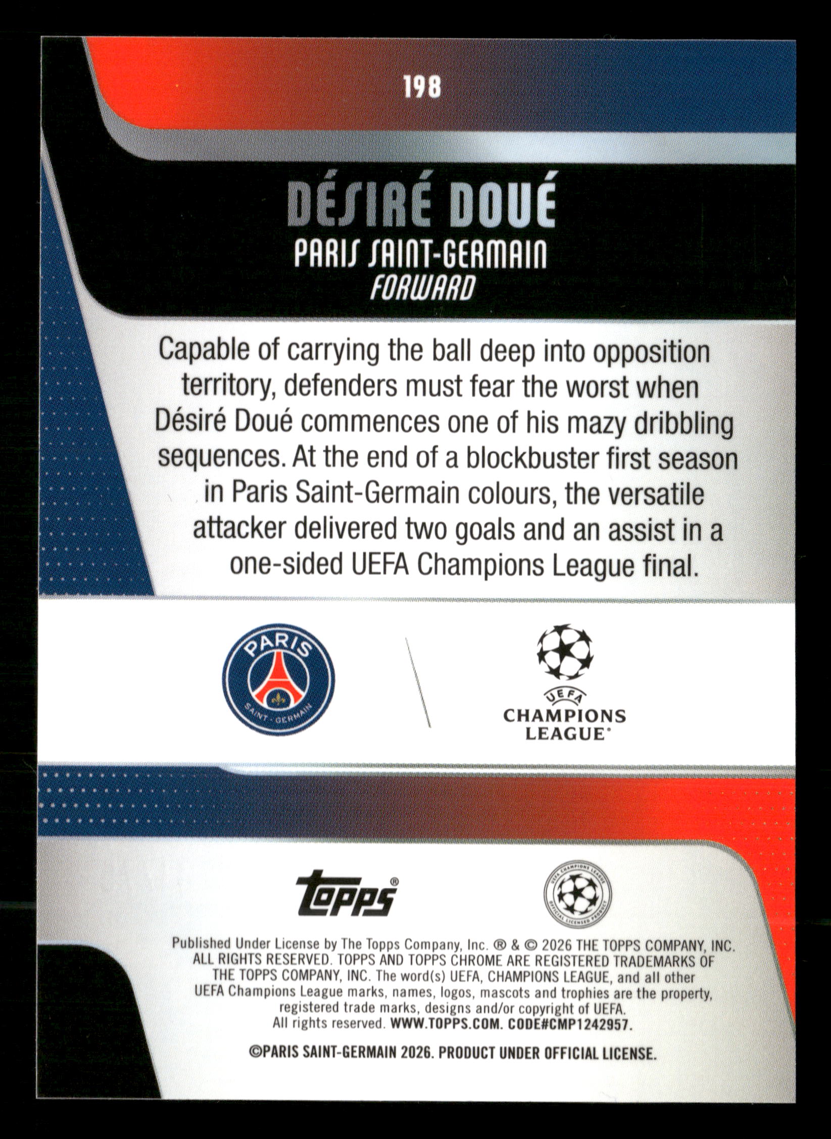 2025-26 Topps Chrome UEFA CC #198 Désiré Doué Purple Mini-Diamonds #/75
