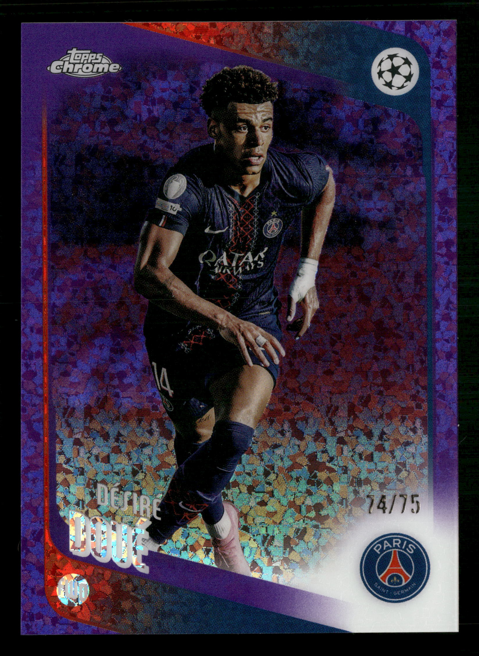 2025-26 Topps Chrome UEFA CC #198 Désiré Doué Purple Mini-Diamonds #/75
