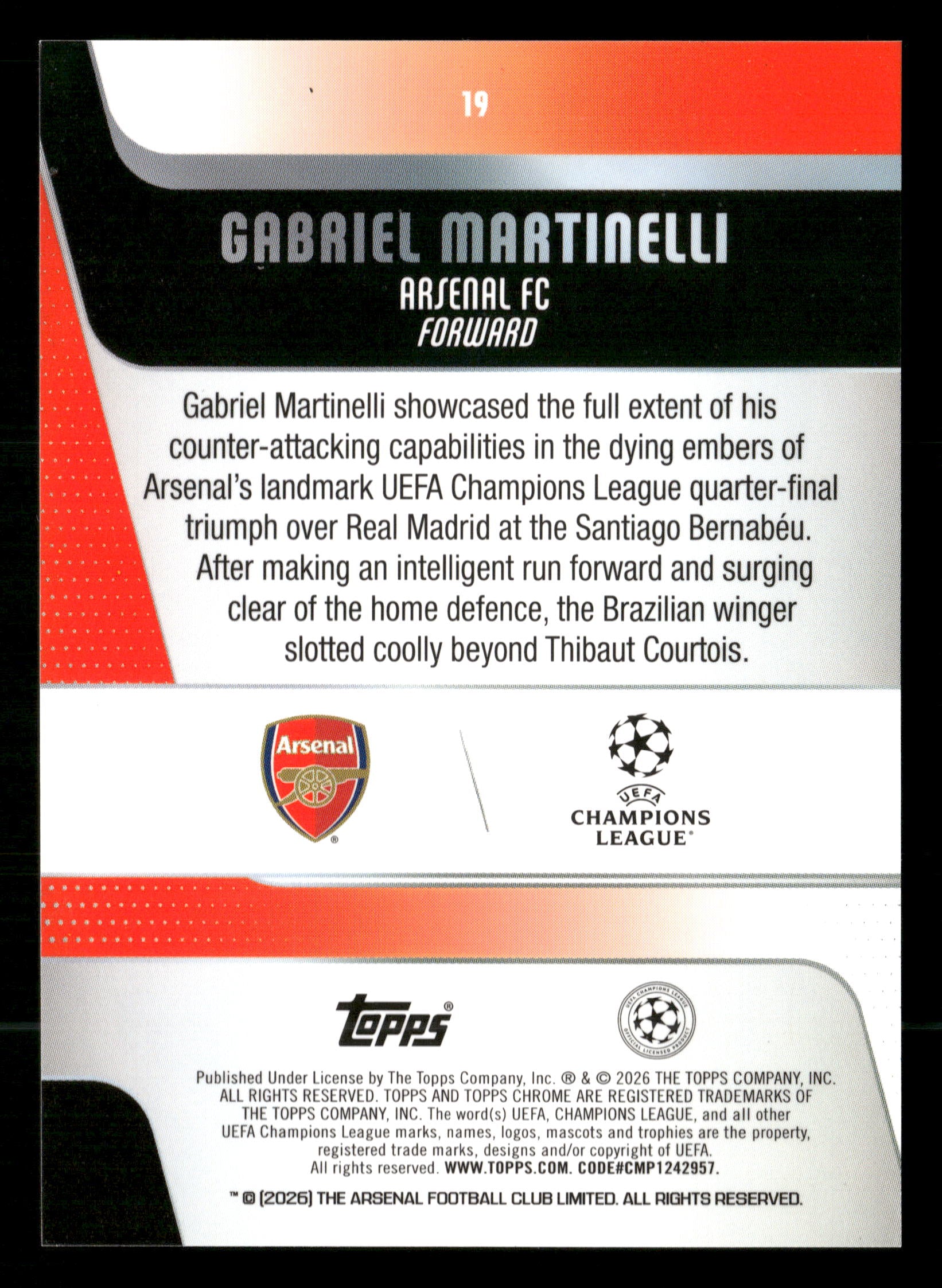 2025-26 Chrome UEFA CC #19 Gabriel Martinelli Green X-Fractor #/99