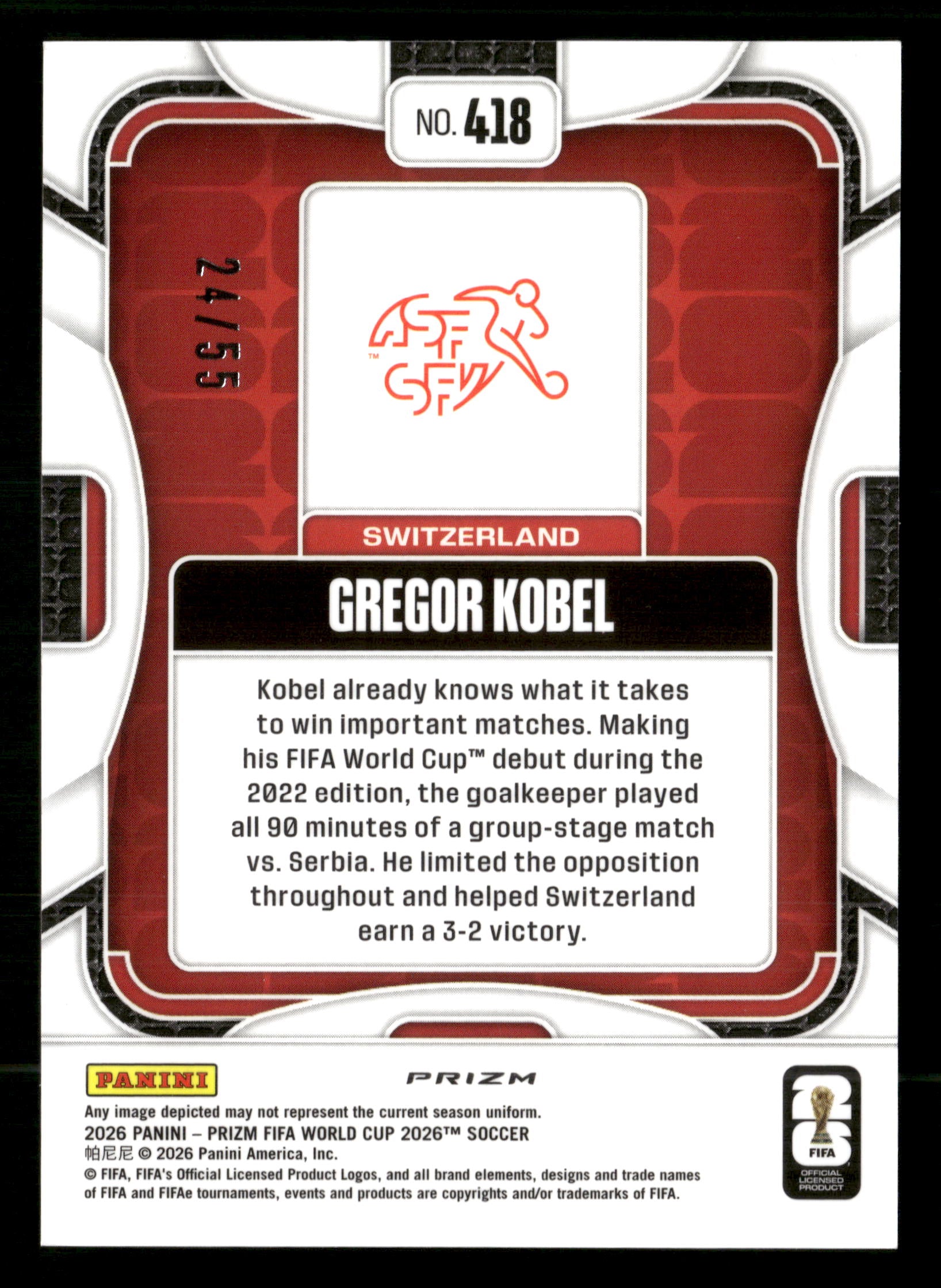 2026 Panini Prizm FIFA World Cup #418 Gregor Kobel Blue Wave Prizms #/55