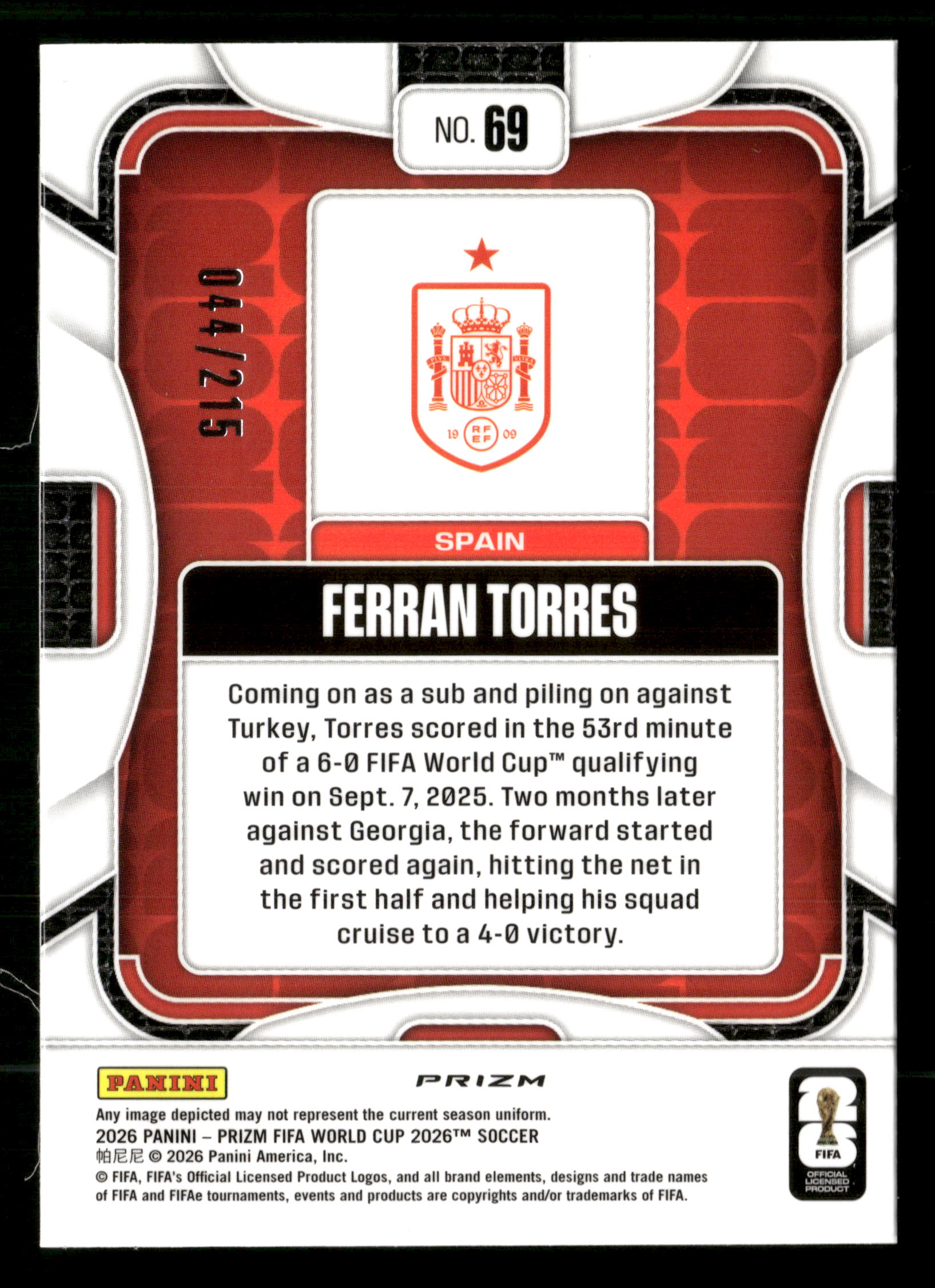 2026 Panini Prizm FIFA World Cup #69 Ferran Torres Orange Pandora Prizms #/215
